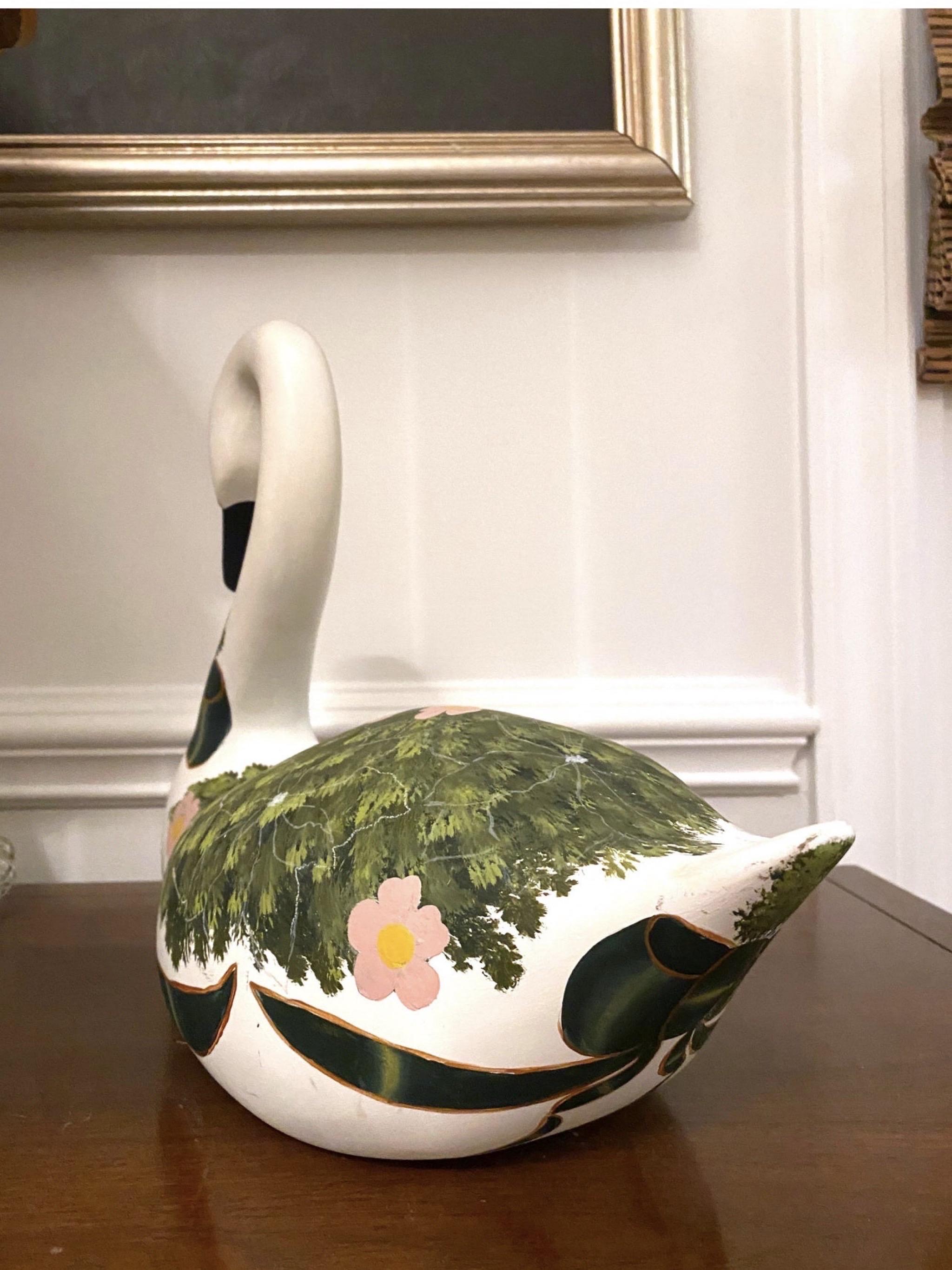 Unknown Vintage Carved Swan Decoy Hand Painted Green and Gold and Pink