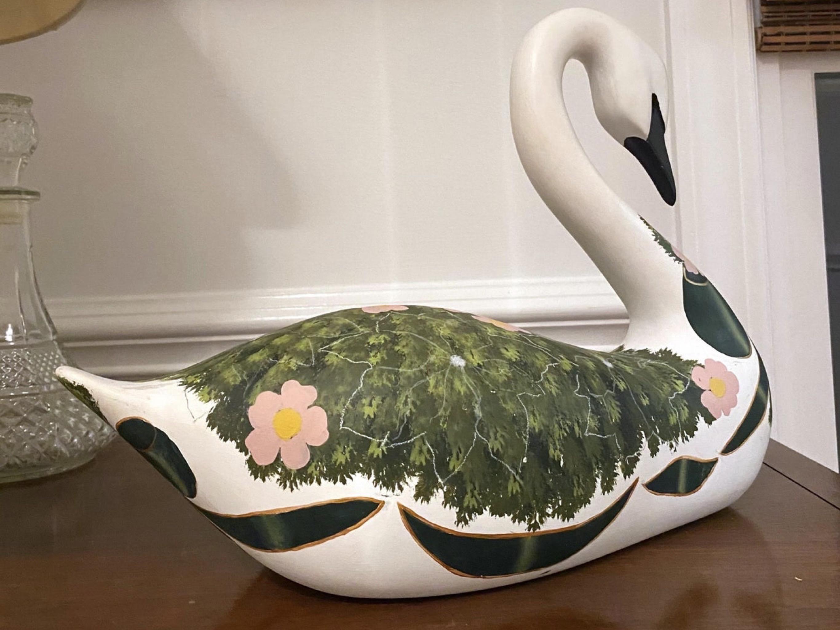 Vintage Carved Swan Decoy Hand Painted Green and Gold and Pink In Good Condition In Charleston, SC