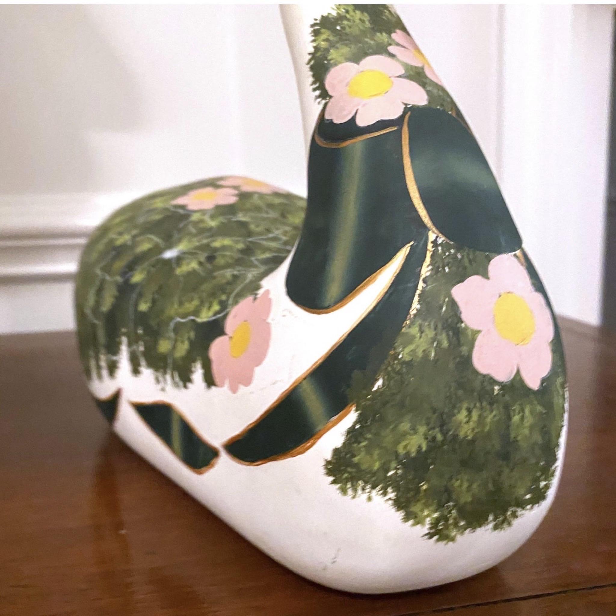 Wood Vintage Carved Swan Decoy Hand Painted Green and Gold and Pink