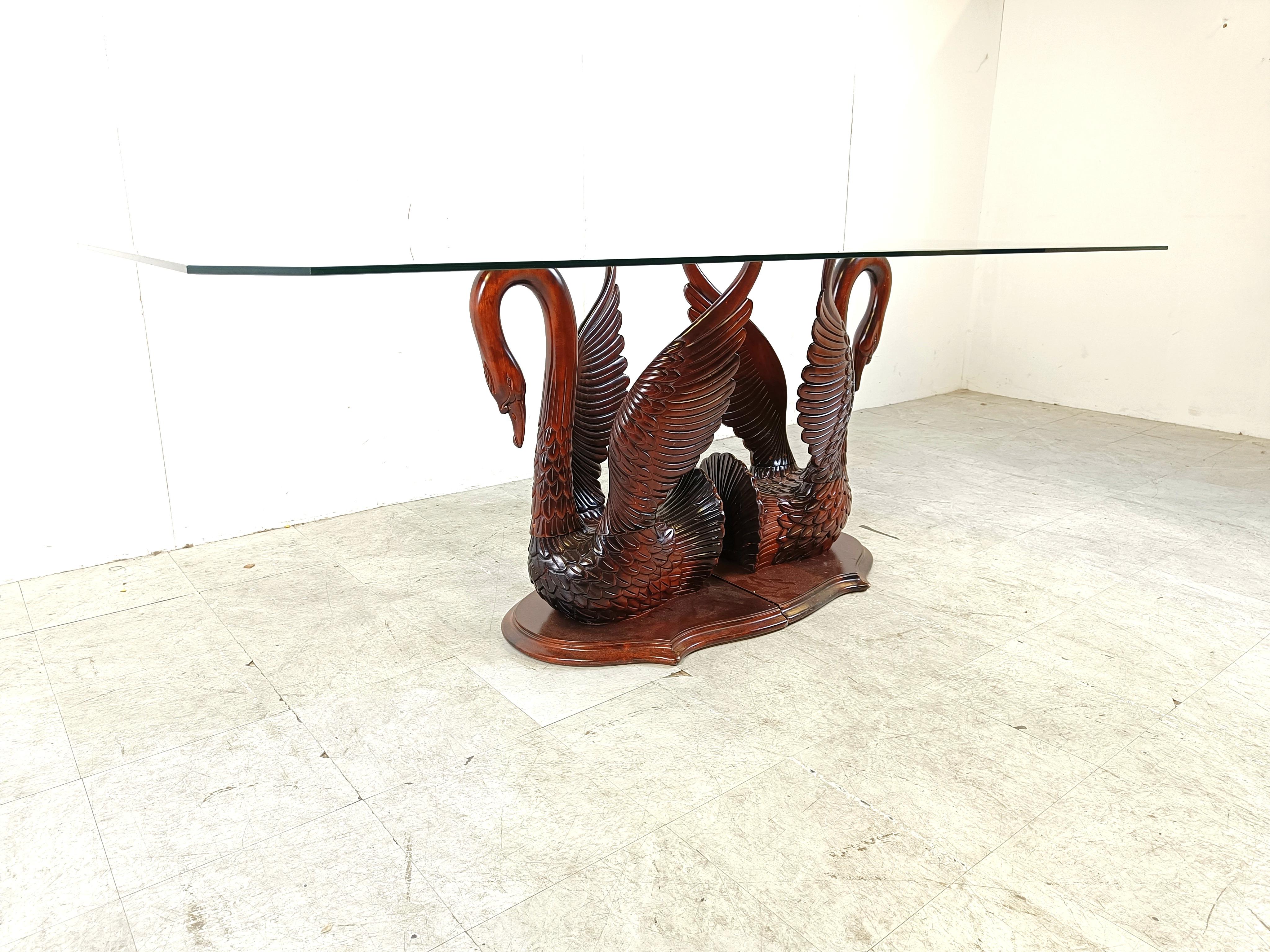 Glass Vintage carved swan dining table, 1960s For Sale