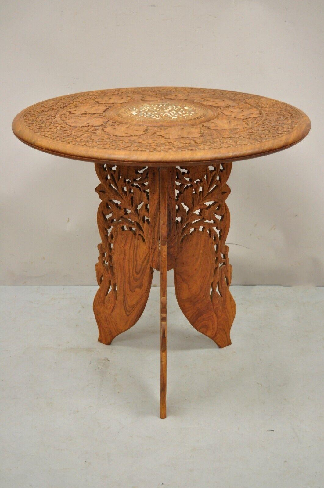 Vintage Carved Teak Wood Butterfly Wing Base Round Accent Side Table 7