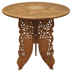 Vintage Carved Teak Wood Butterfly Wing Base Round Accent Side Table