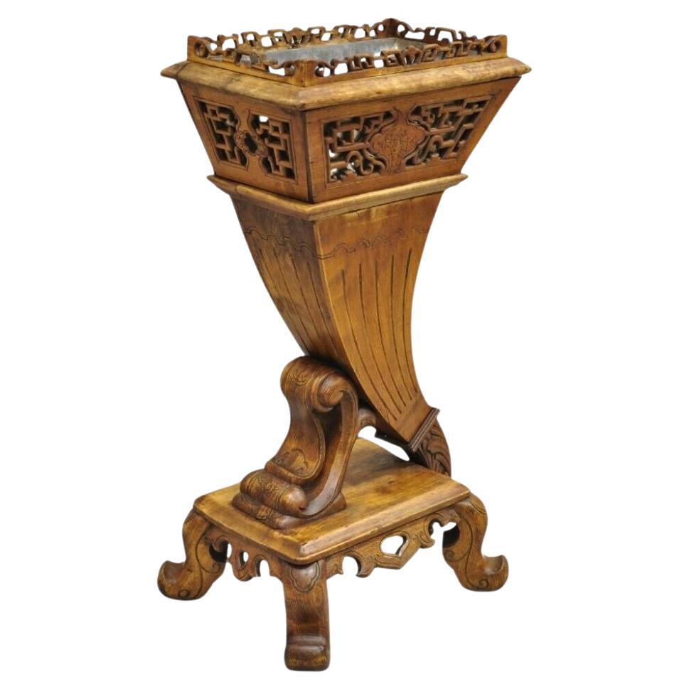 Vintage Carved Teak Wood Fretwork Figural Cornucopia Chinese Plant Stand Planter For Sale