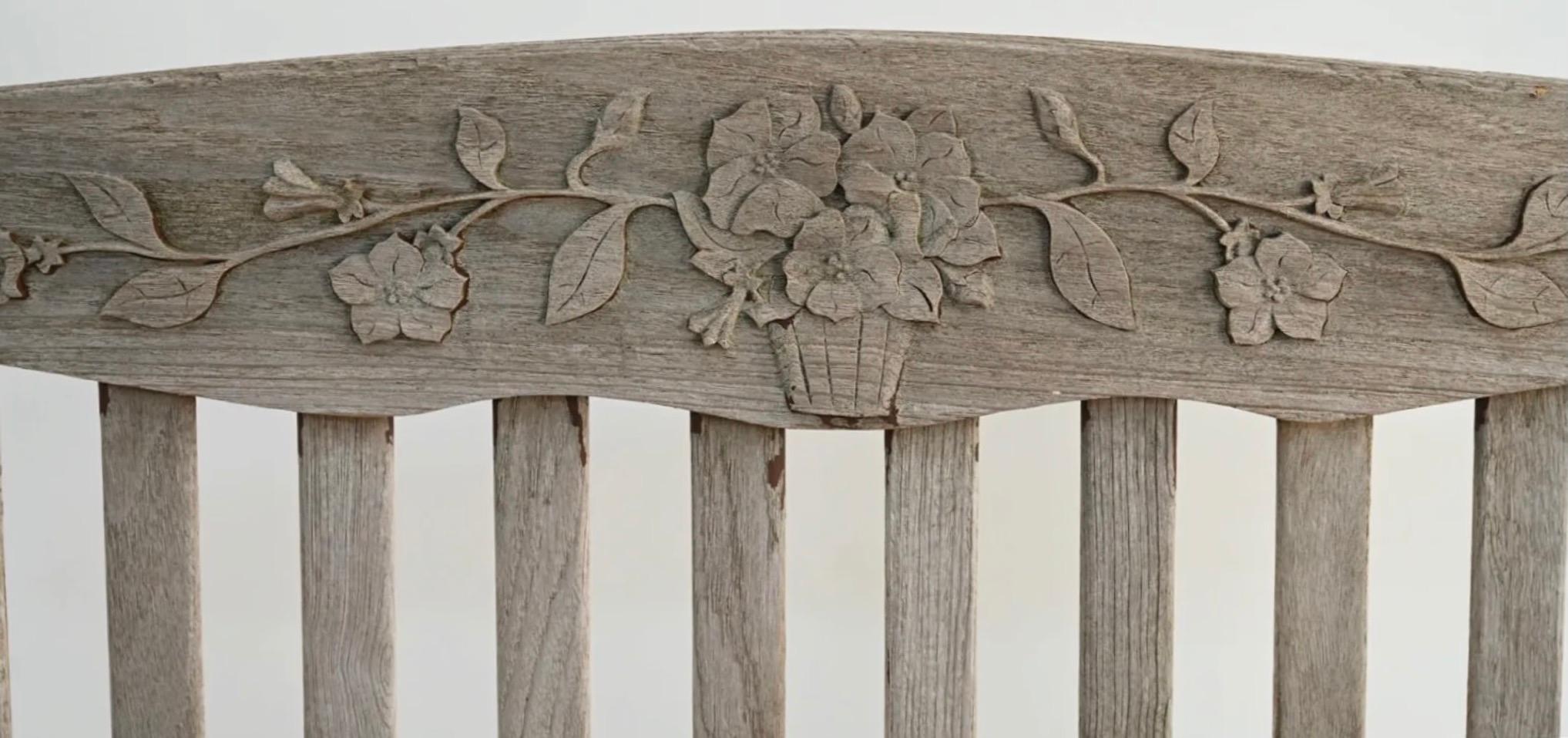 20th Century Vintage Carved Teak Wood Outdoor Garden Bench