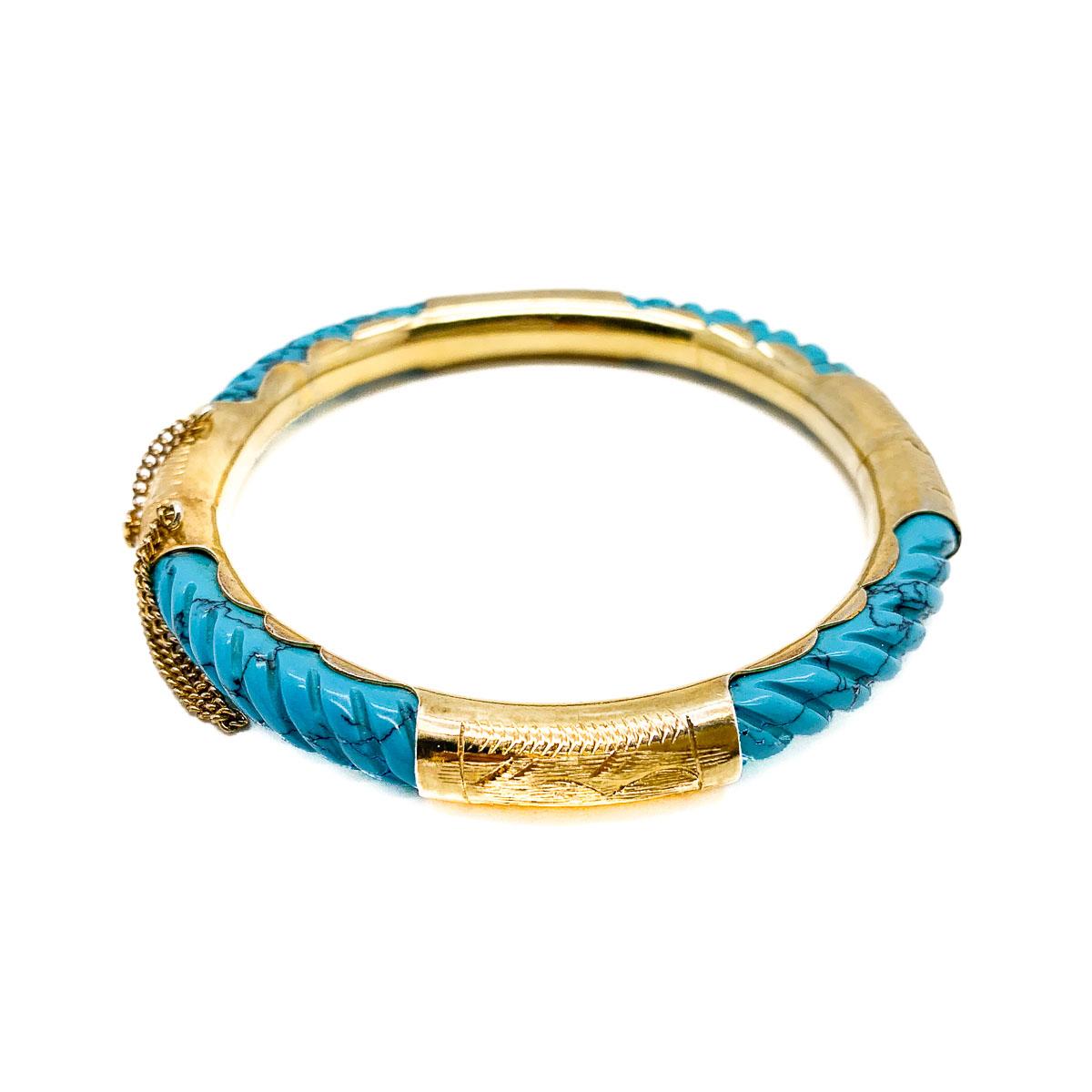 Women's Vintage Carved Turquoise & Etched Gold Bangle 1960s For Sale