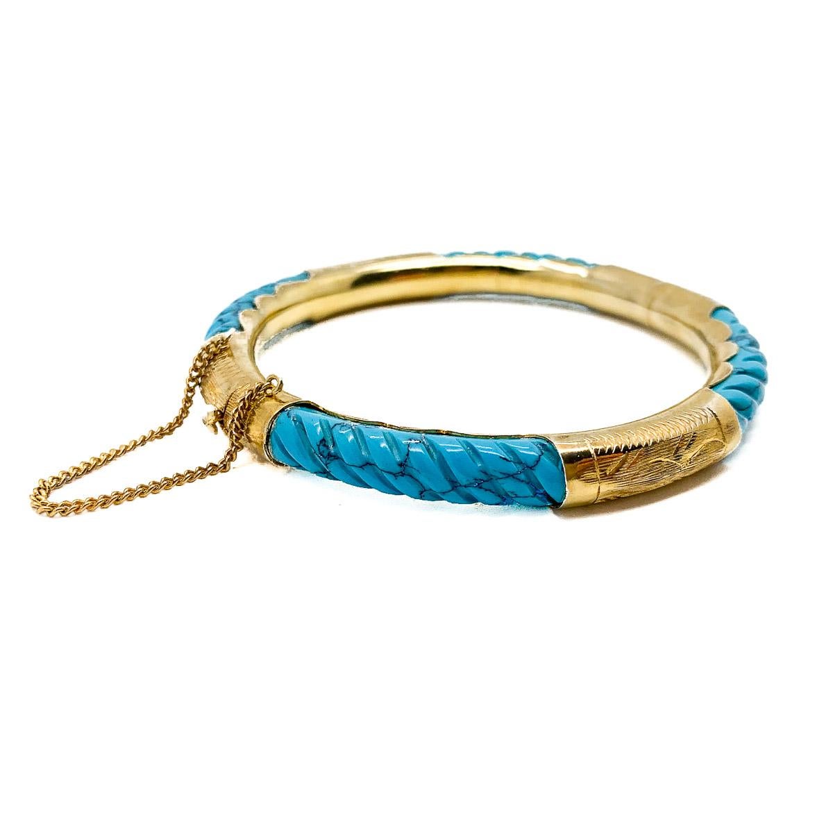 Vintage Carved Turquoise & Etched Gold Bangle 1960s For Sale 1