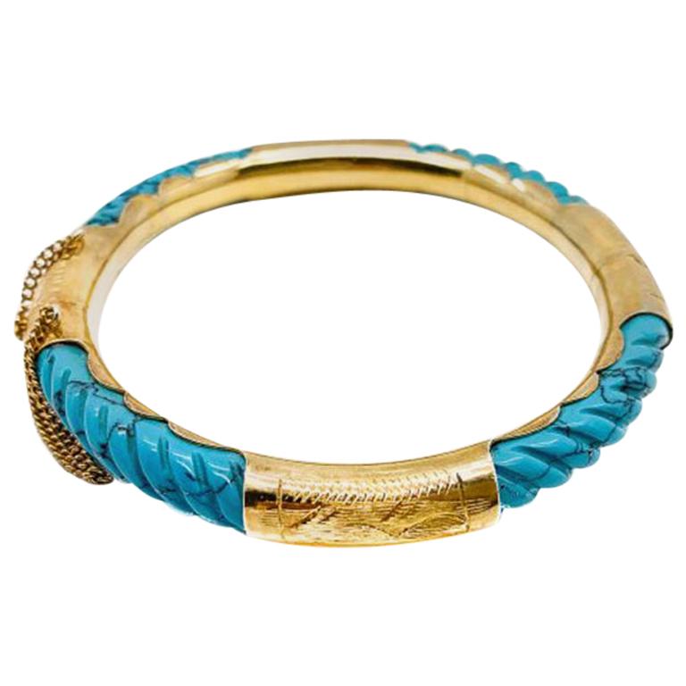 Vintage Carved Turquoise & Etched Gold Bangle 1960s