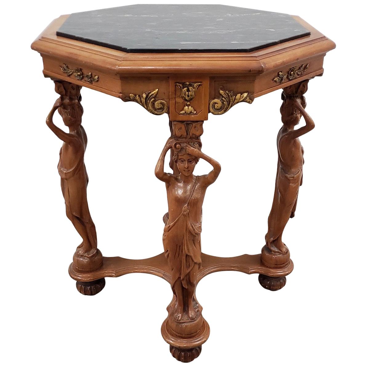 Vintage Carved Walnut and Marble Top Octagon Side Table, circa 1940