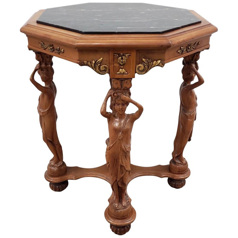 Vintage Carved Walnut and Marble Top Octagon Side Table, circa 1940 at