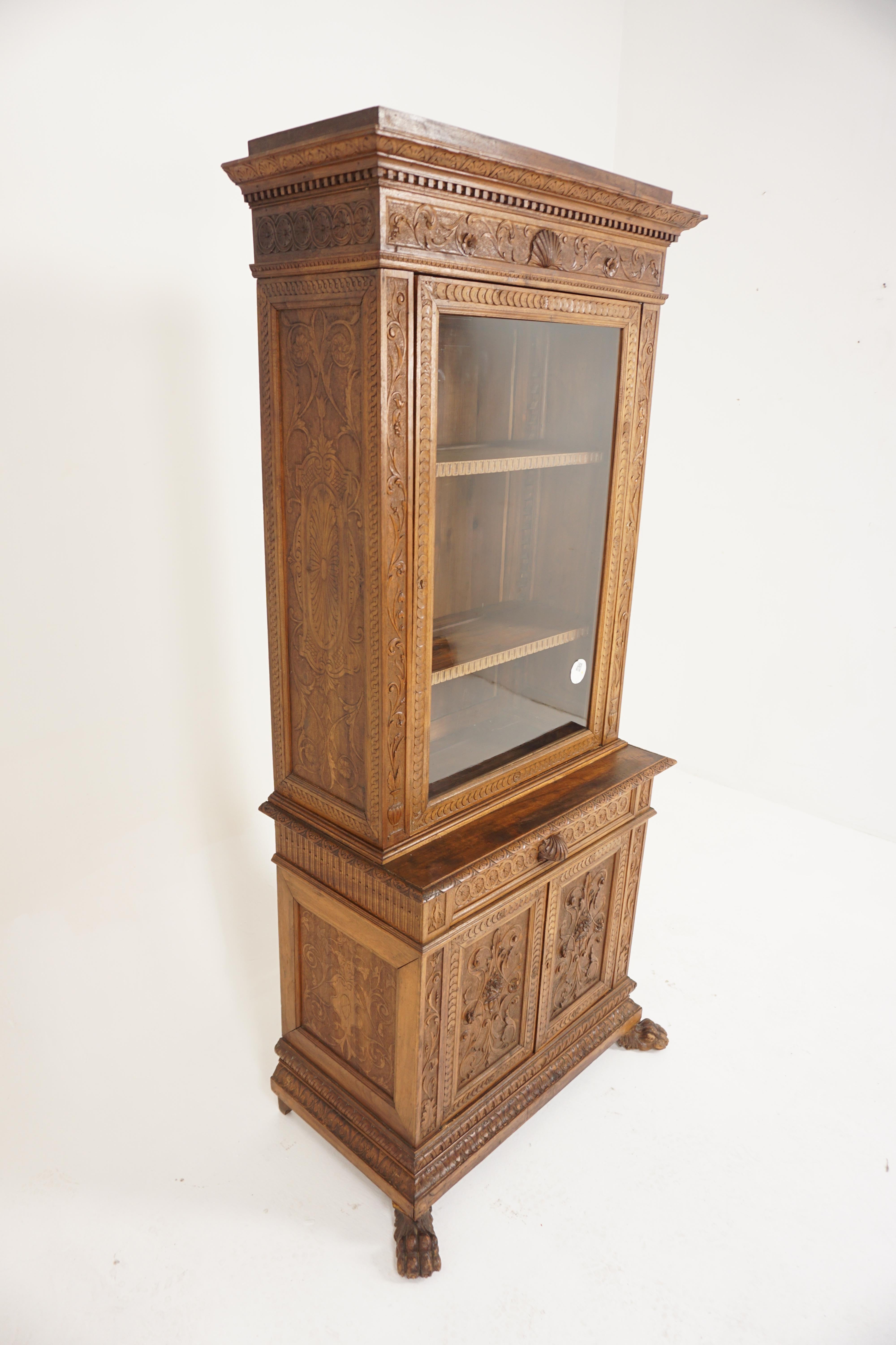 Scottish Vintage Carved Walnut Display Cabinet, China Cabinet, India 1940, H684