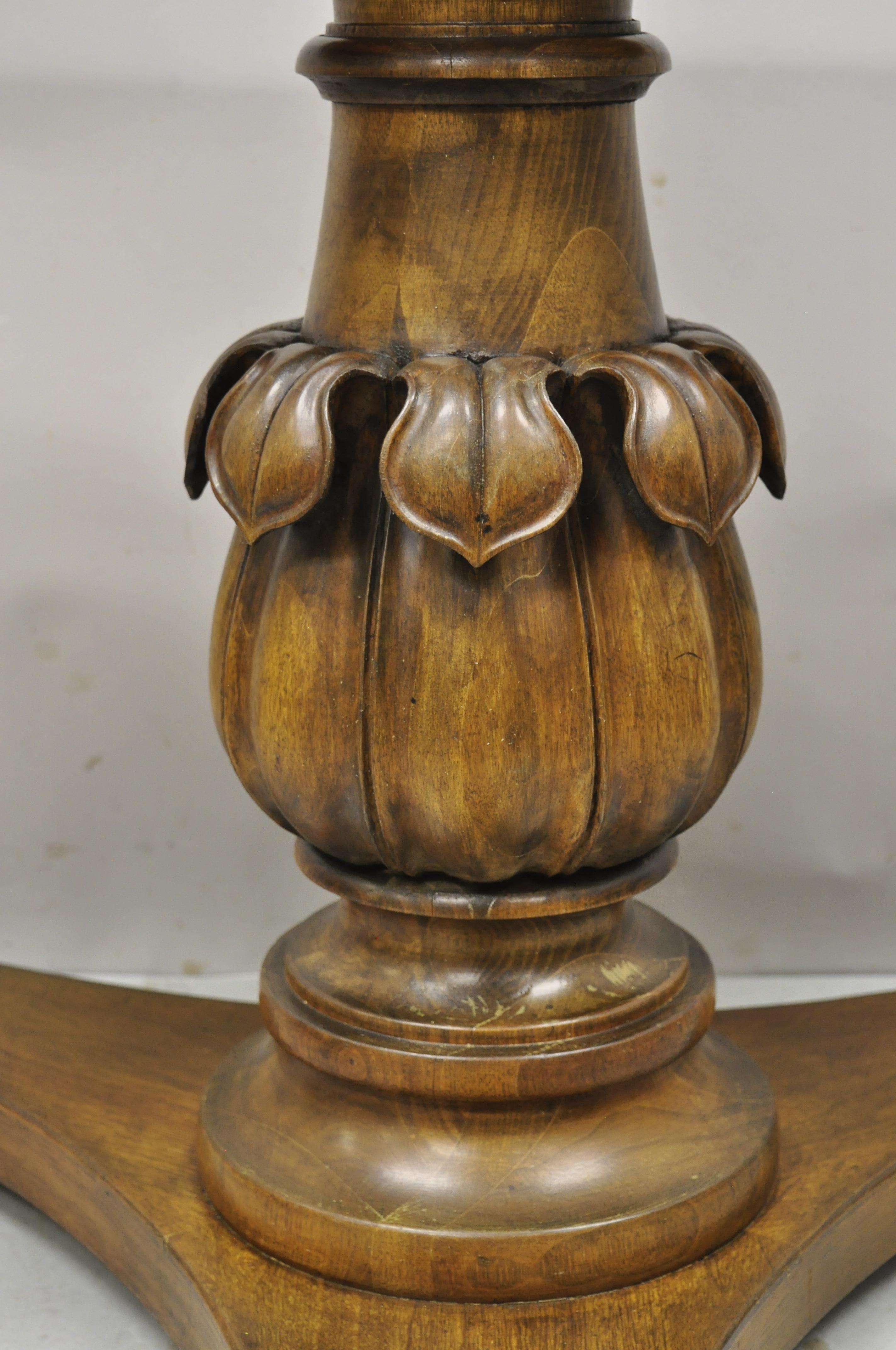 Vintage carved walnut Italian Regency style leaf pineapple pedestal table base (A). Item features pedestal base with leafy carved column, triple bun feet, great to add a top, solid wood construction, nicely carved details, very nice vintage item,
