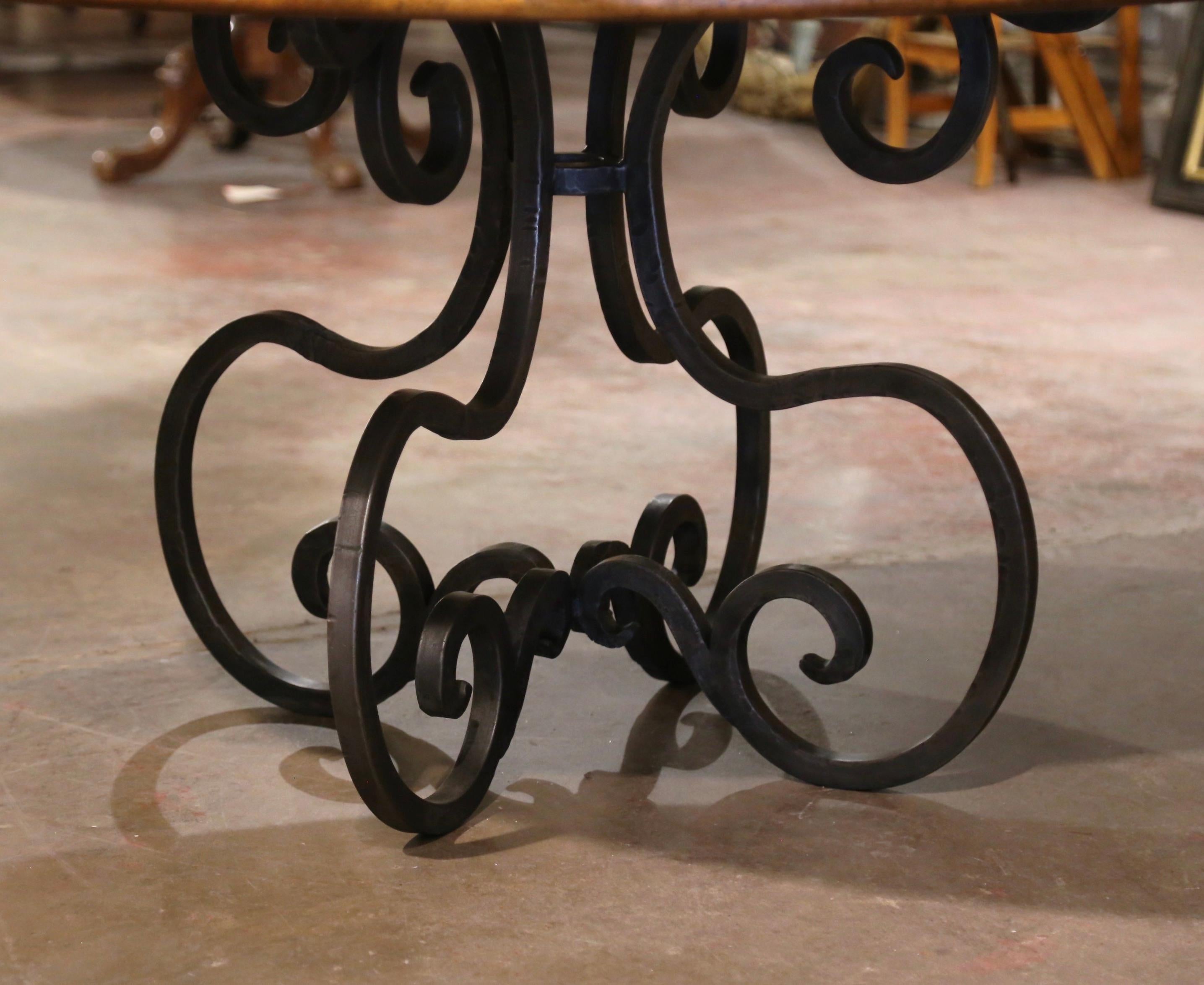 Forged Vintage Carved Walnut Round Dining Table on Four-Leg Wrought Iron Base For Sale