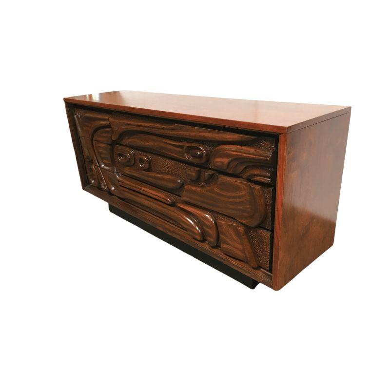 Vintage Carved Walnut Witco Style Oceanic Lowboy Dresser by Pulaski Furniture In Excellent Condition In Van Nuys, CA