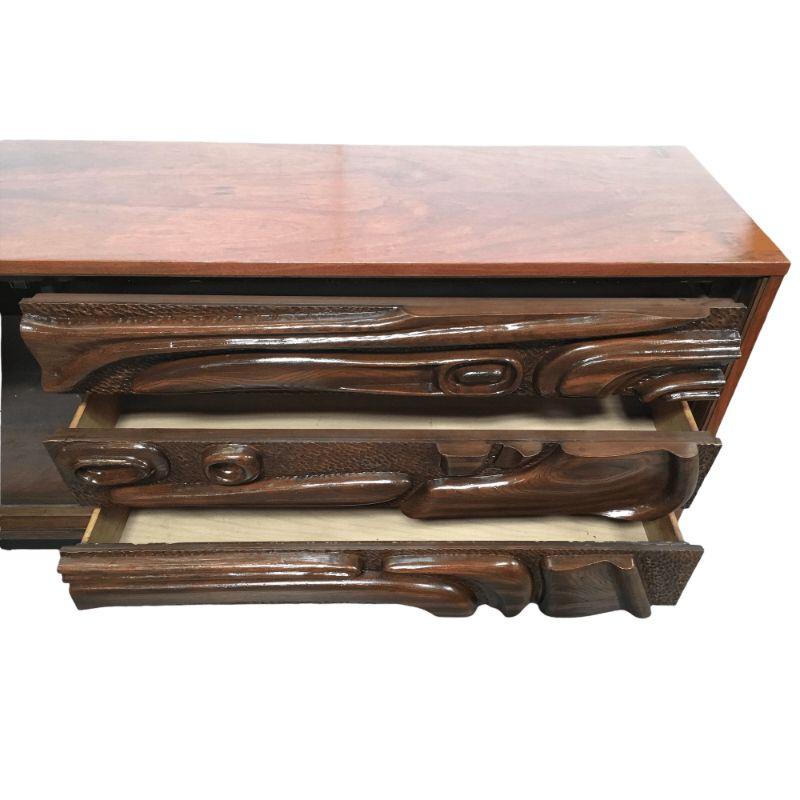 Mid-20th Century Vintage Carved Walnut Witco Style Oceanic Lowboy Dresser by Pulaski Furniture