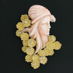 Vintage Carved Woman Angel Skin Coral .24ct Diamond 18K Gold Textured Pin Brooch