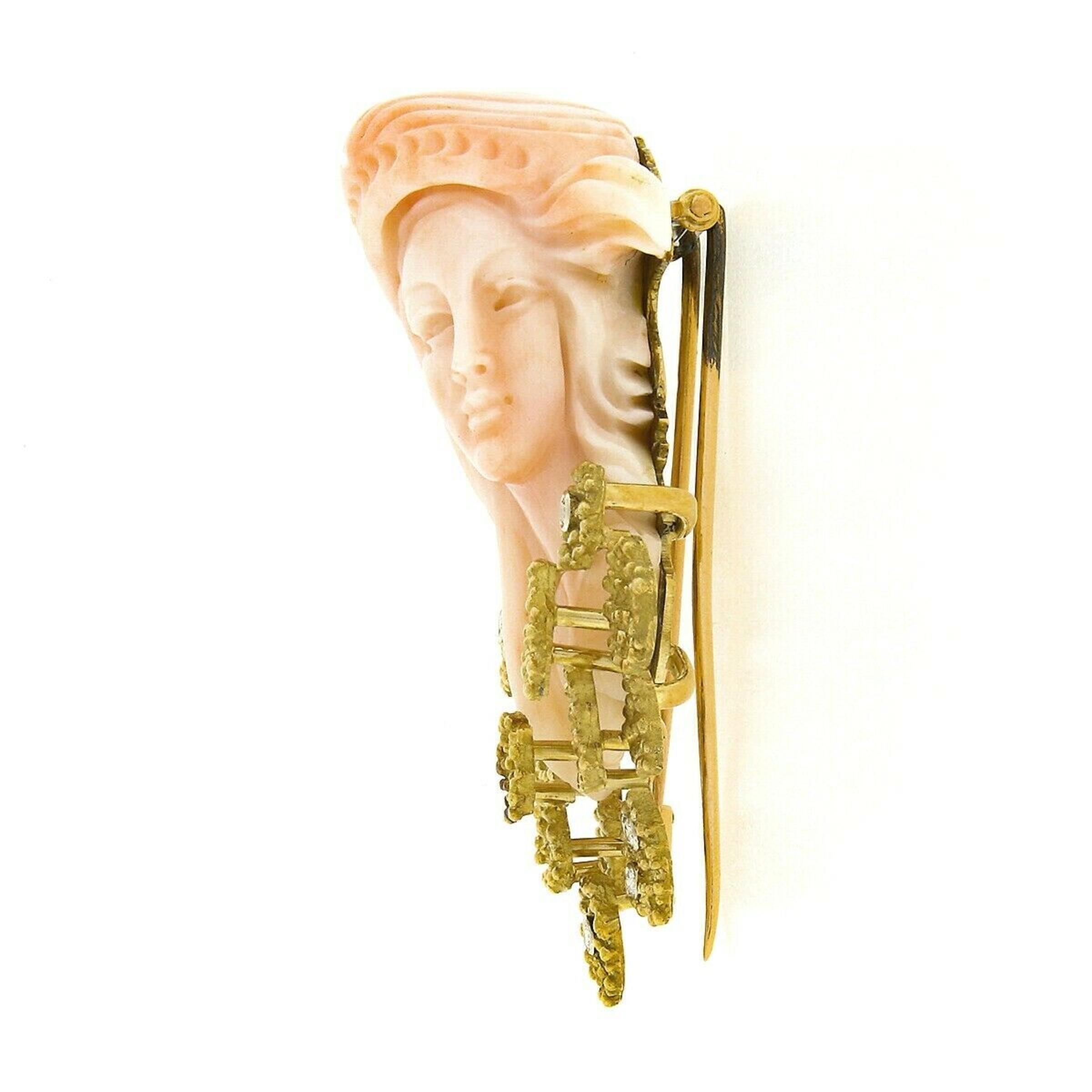 Vintage Carved Woman Angel Skin Coral .24ct Diamond 18K Gold Textured Pin Brooch In Good Condition For Sale In Montclair, NJ
