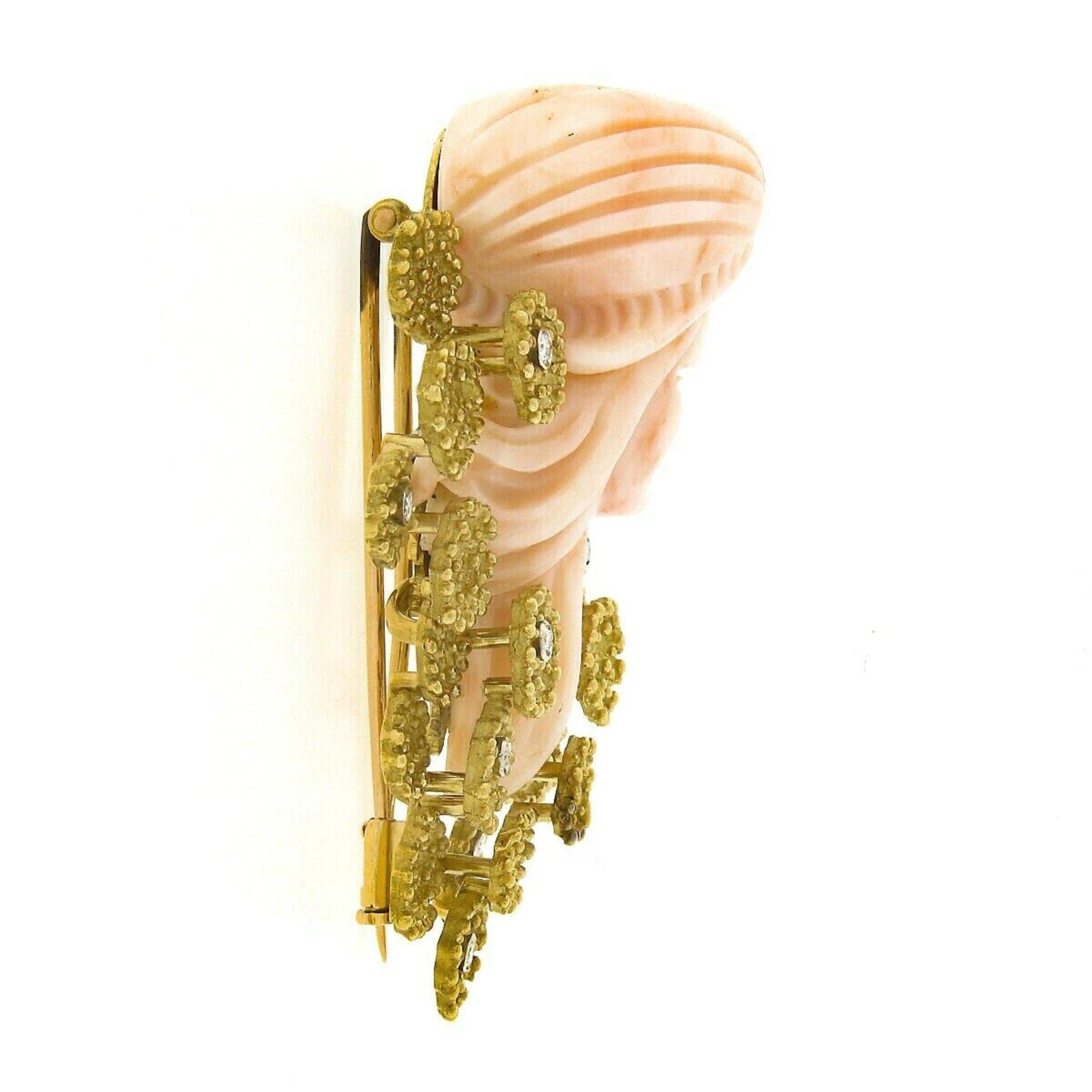 Women's or Men's Vintage Carved Woman Angel Skin Coral .24ct Diamond 18K Gold Textured Pin Brooch For Sale