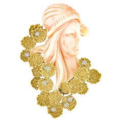 Retro Carved Woman Angel Skin Coral .24ct Diamond 18K Gold Textured Pin Brooch