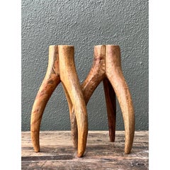 Vintage Carved Wood and Brass Antler Candlesticks - A Pair