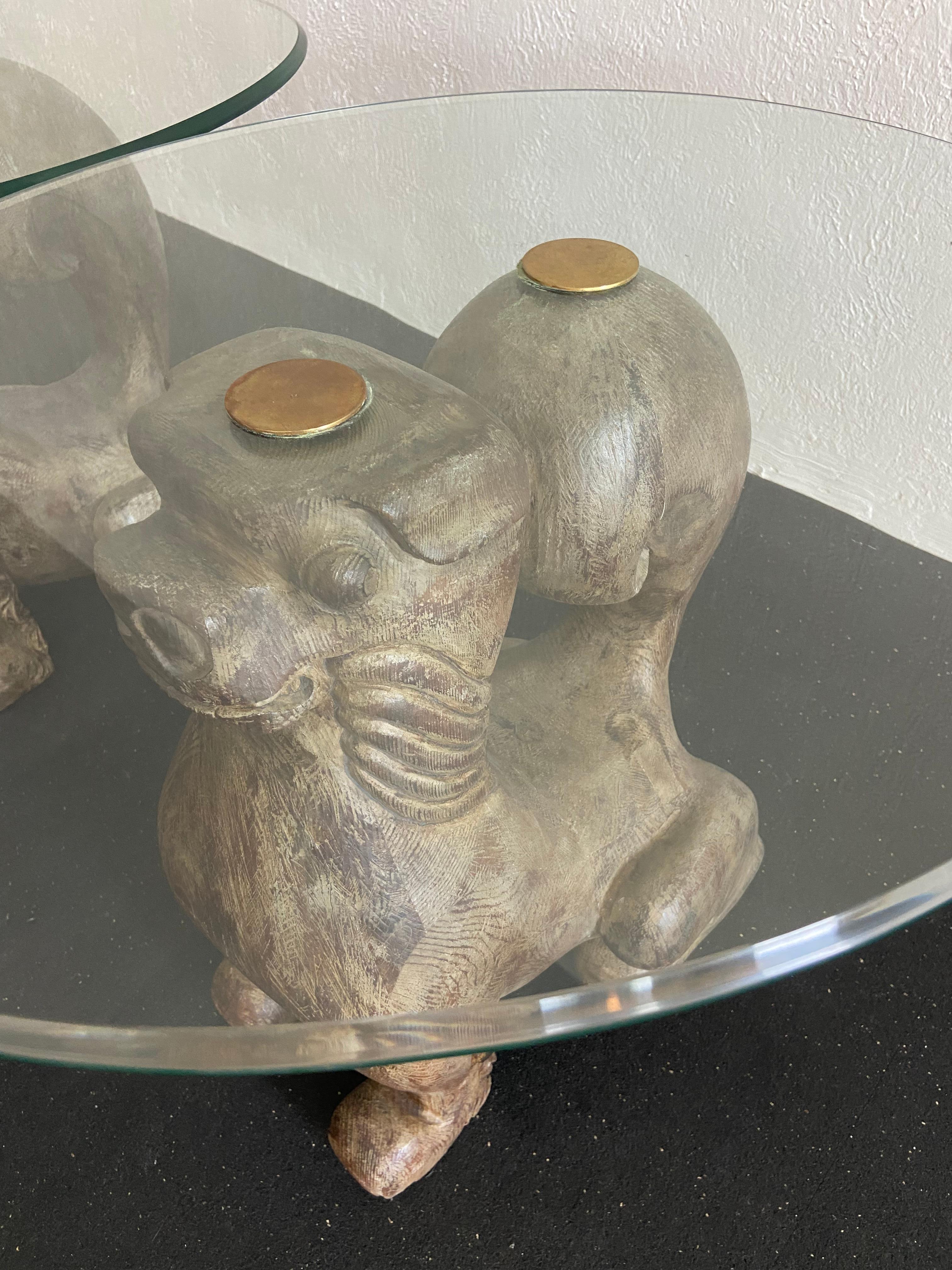 Sarreid Ltd. Carved Wood and Brass Foo Dog End Tables, a Pair In Good Condition In West Palm Beach, FL