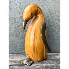 Vintage Carved Wood and Brass Penguin