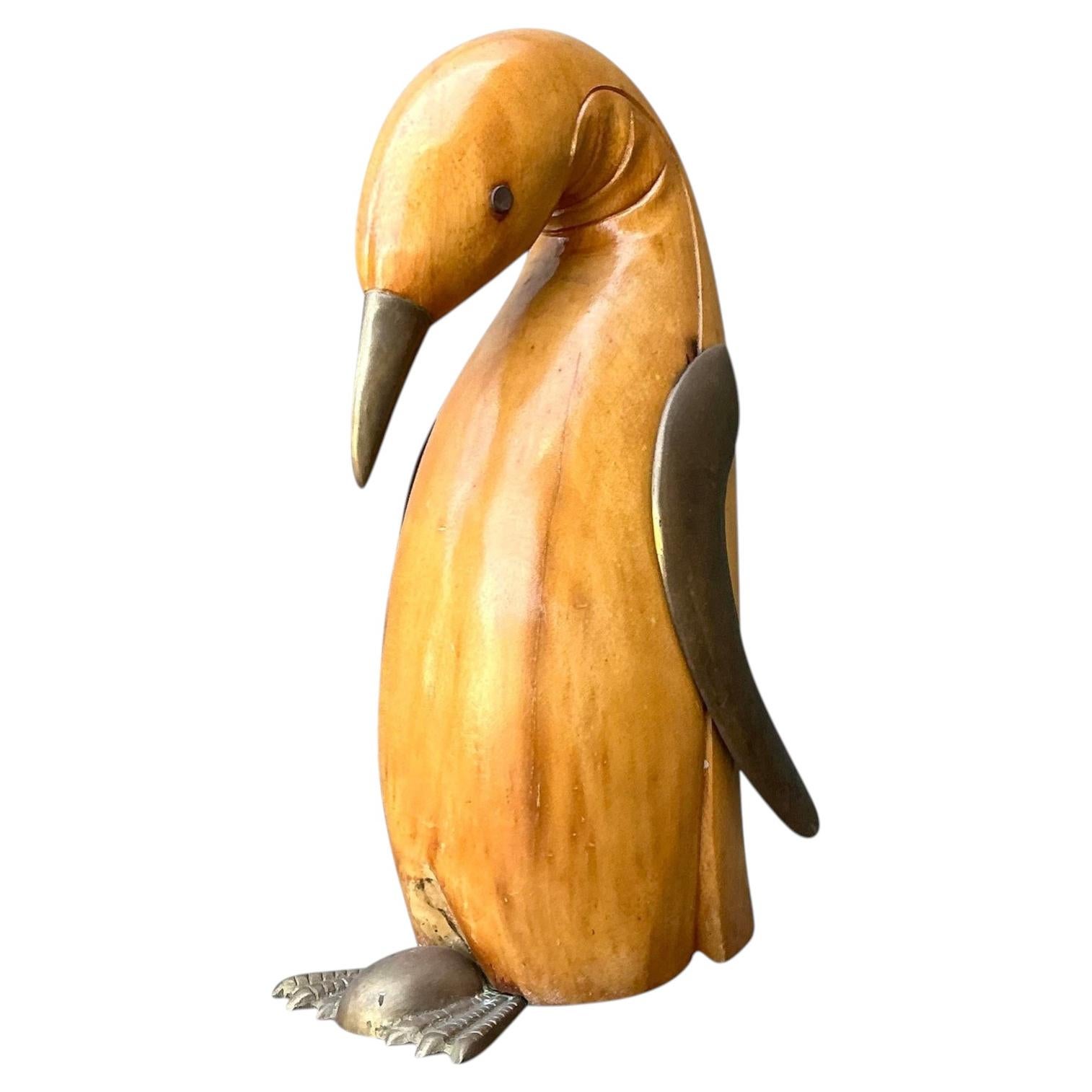 Vintage Carved Wood and Brass Penguin
