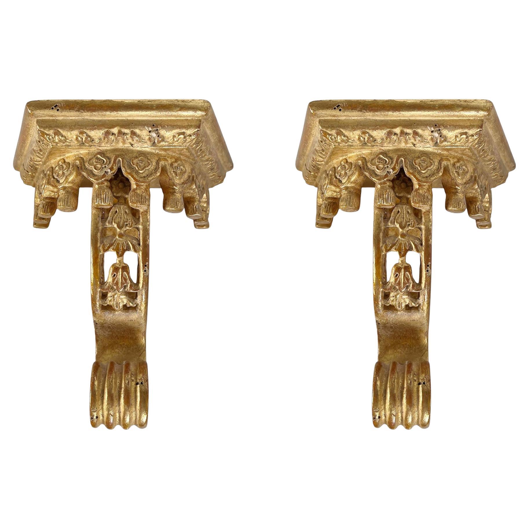 Vintage Carved Wood And Gilded Floral Brackets