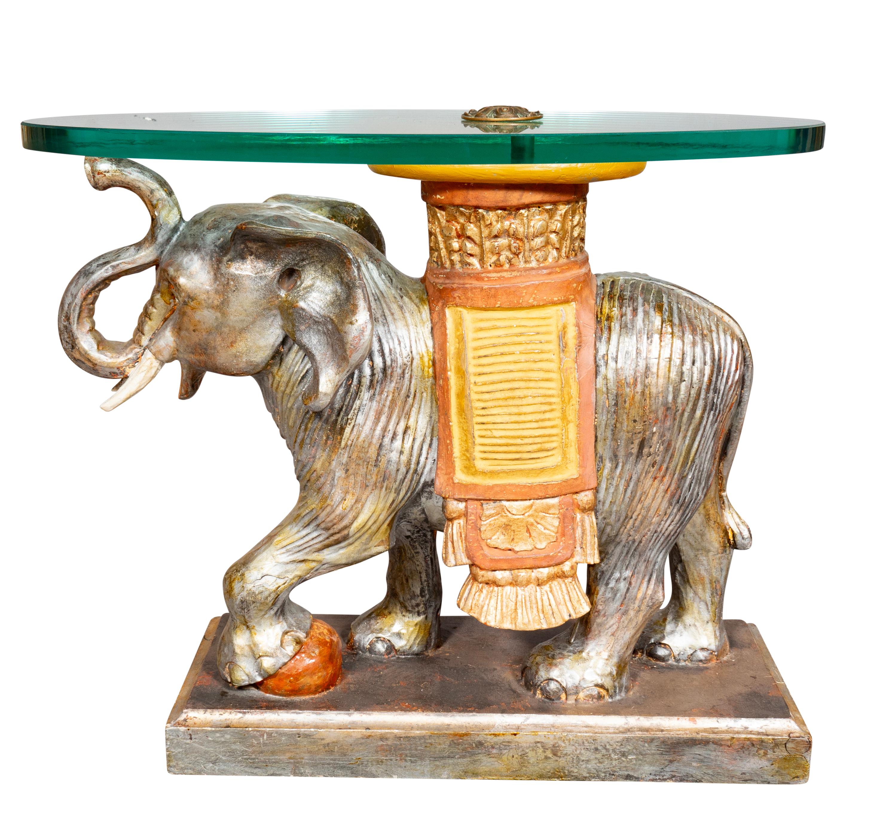 European Vintage Carved Wood And Painted Elephant Form Table