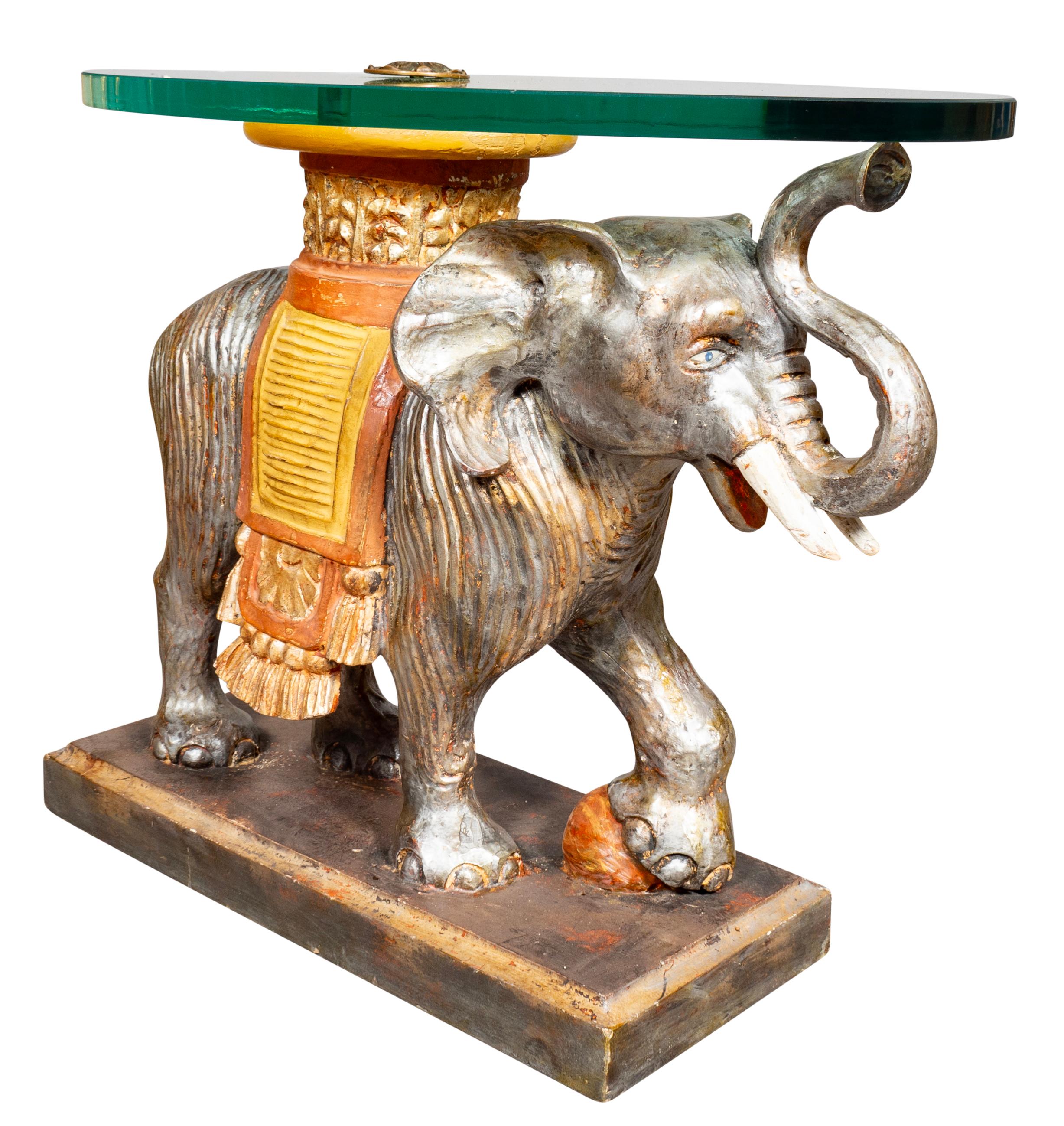 Mid-20th Century Vintage Carved Wood And Painted Elephant Form Table