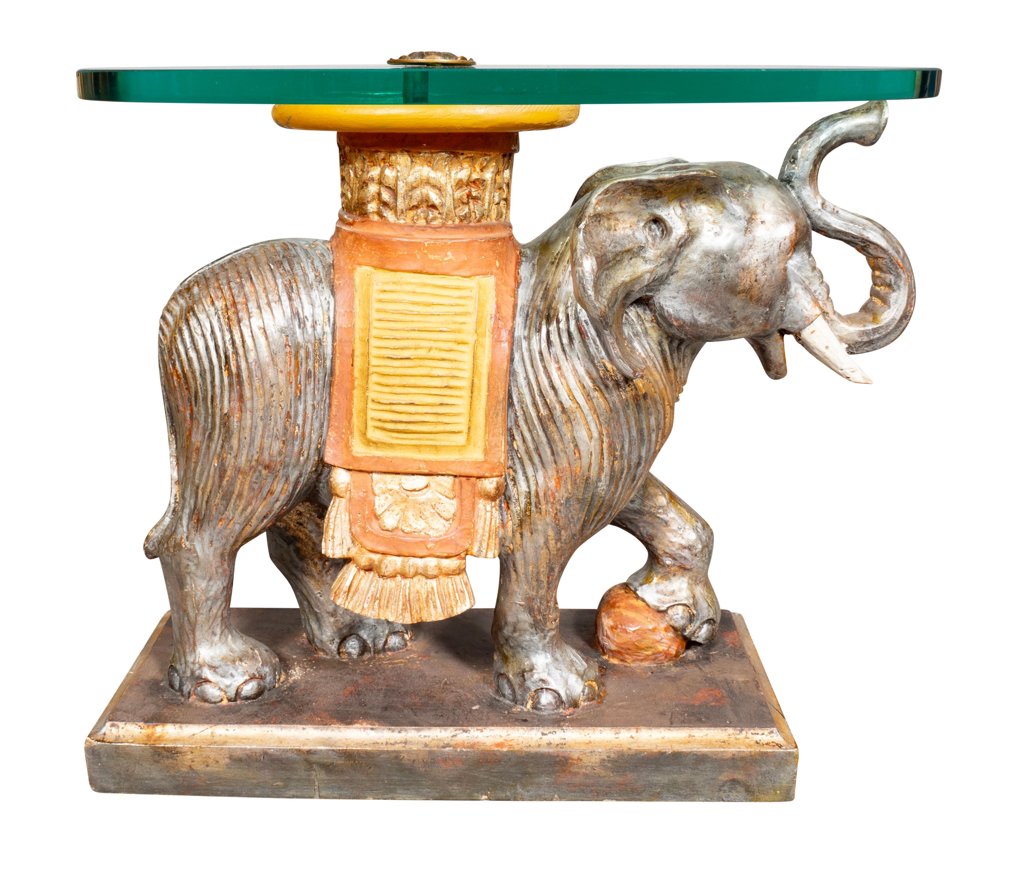 Vintage Carved Wood And Painted Elephant Form Table 1