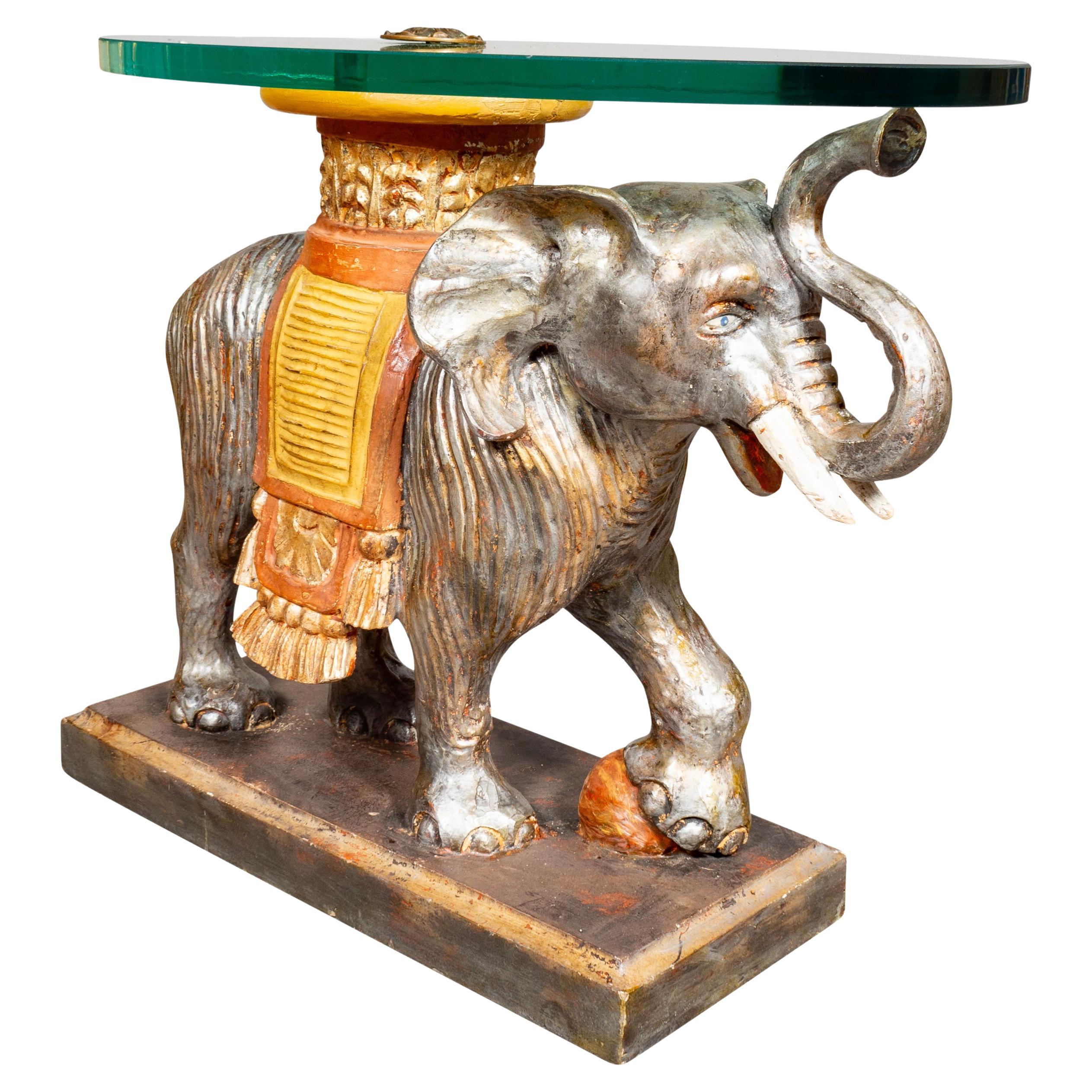 Vintage Carved Wood And Painted Elephant Form Table