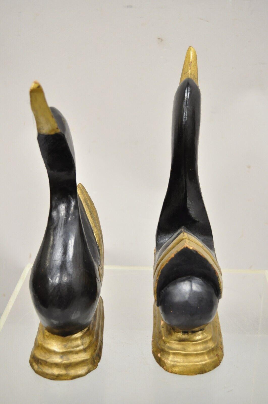 Vintage Carved Wood Art Deco Style Black Gold Duck Goose Figures, a Pair 6