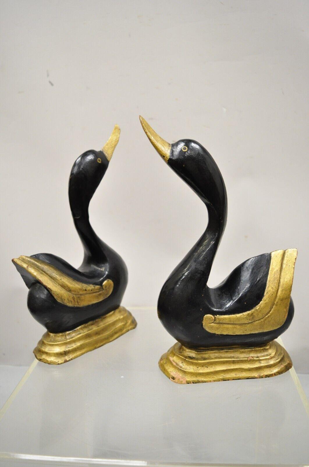 Vintage Carved Wood Art Deco Style Black Gold Duck Goose Figures, a Pair In Good Condition In Philadelphia, PA