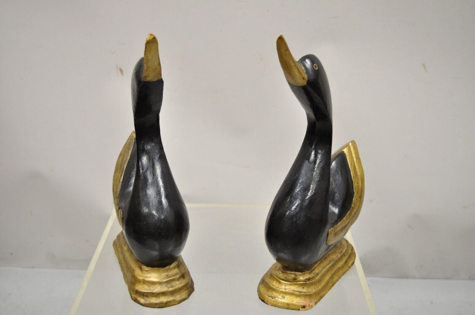 Vintage Carved Wood Art Deco Style Black Gold Duck Goose Figures, a Pair 1