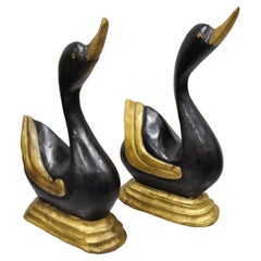 Vintage Carved Wood Art Deco Style Black Gold Duck Goose Figures, a Pair