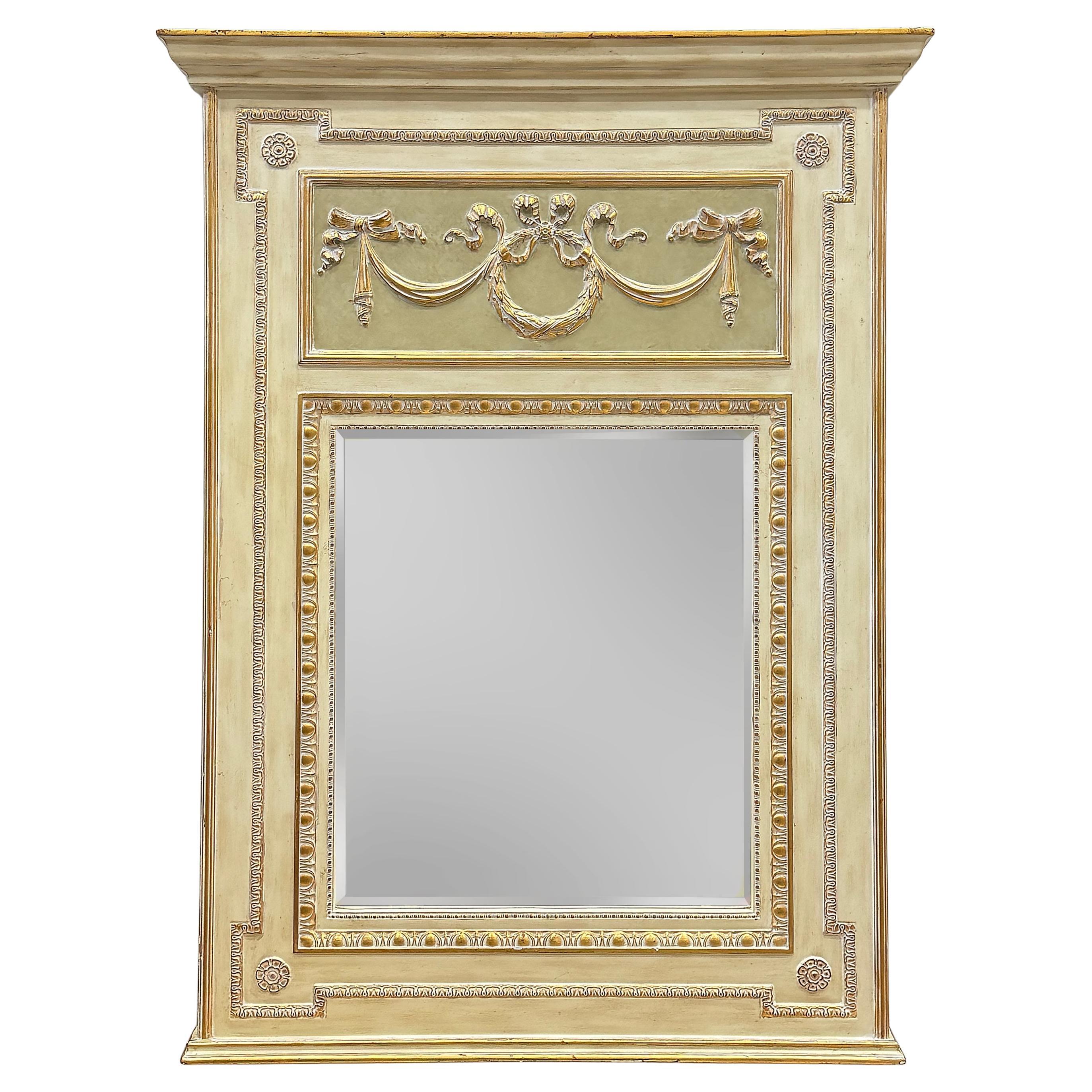 Vintage Carved Wood Beveled Trumeau Mirror in Louis XVI Style, Painted and Gilt