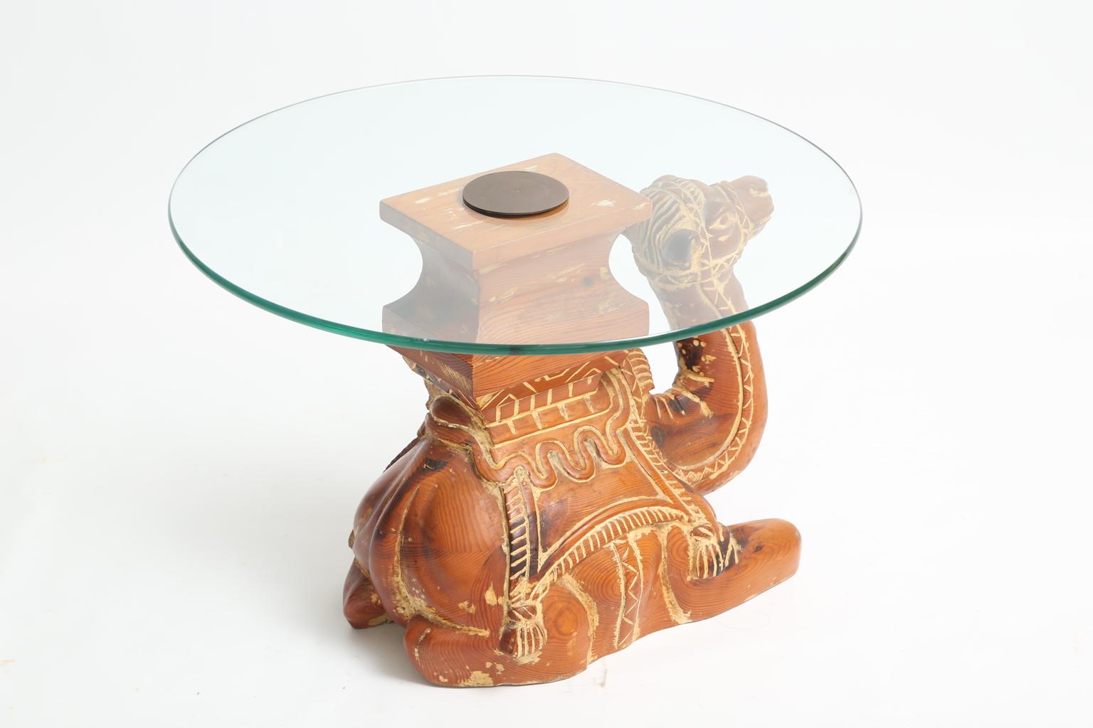 Hollywood Regency Vintage Carved Wood Camel Side Table with Glass Top For Sale