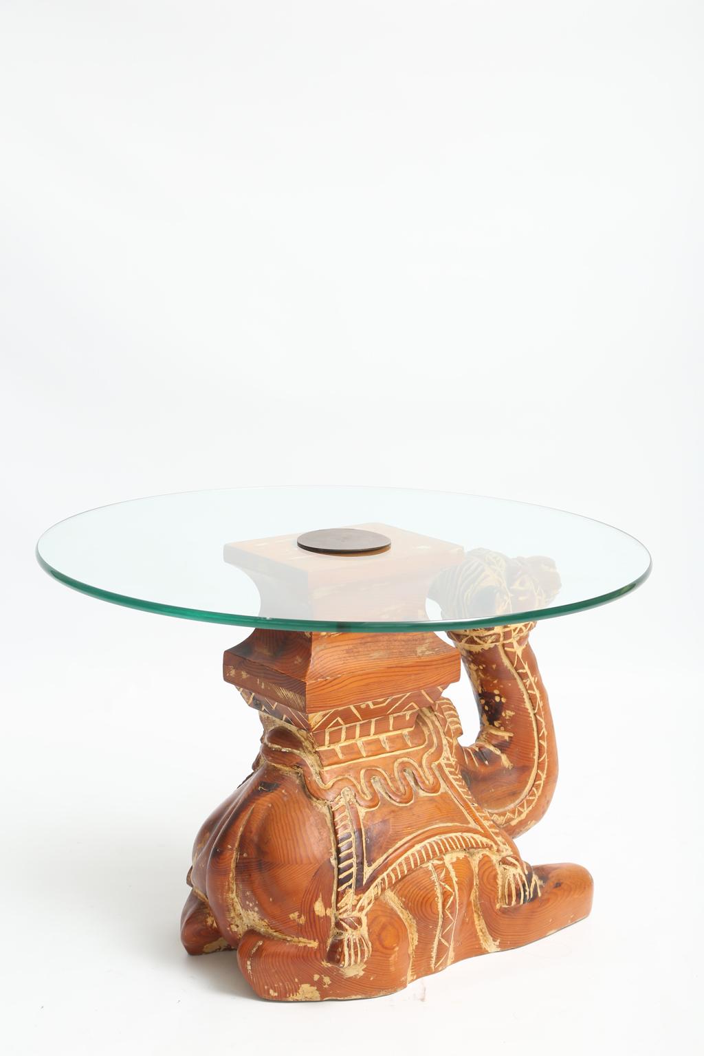 Spanish Vintage Carved Wood Camel Side Table with Glass Top For Sale