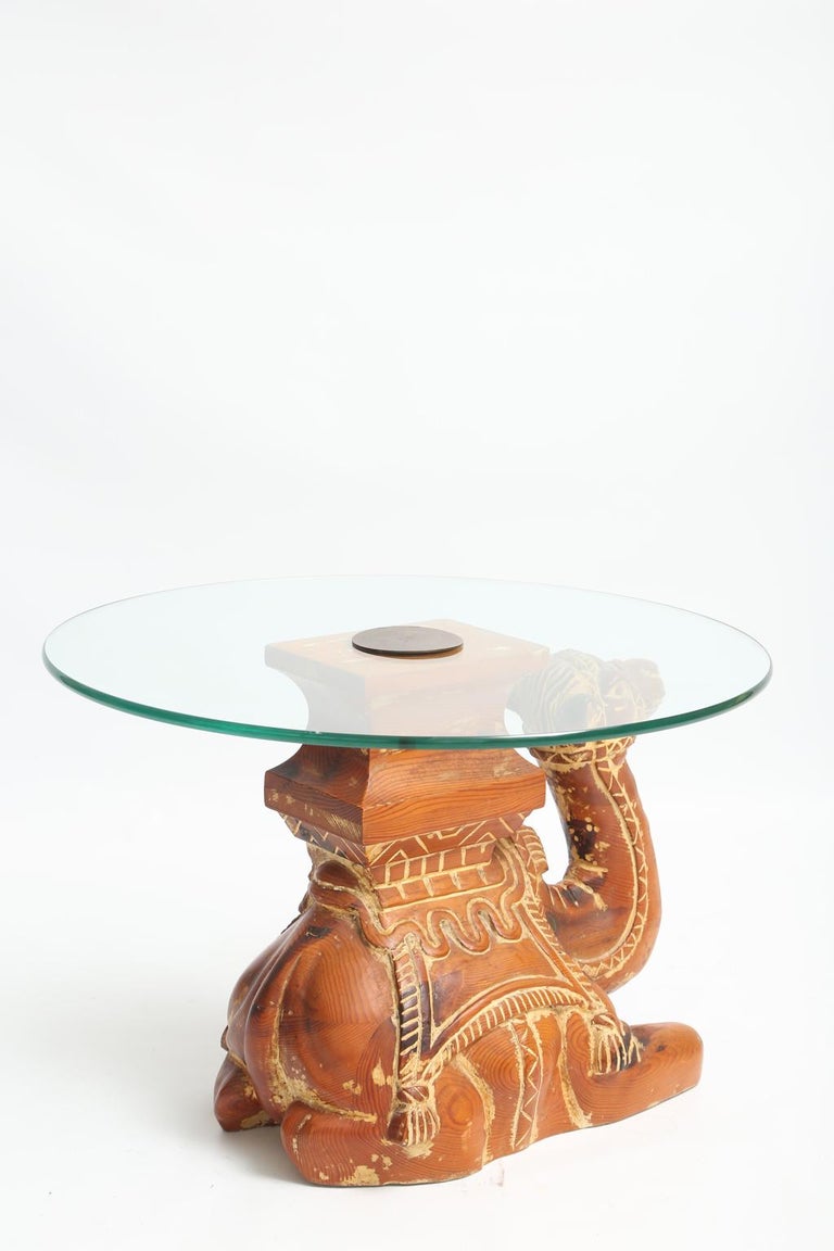 Vintage Carved Wood Camel Side Table with Glass Top For Sale at 1stDibs