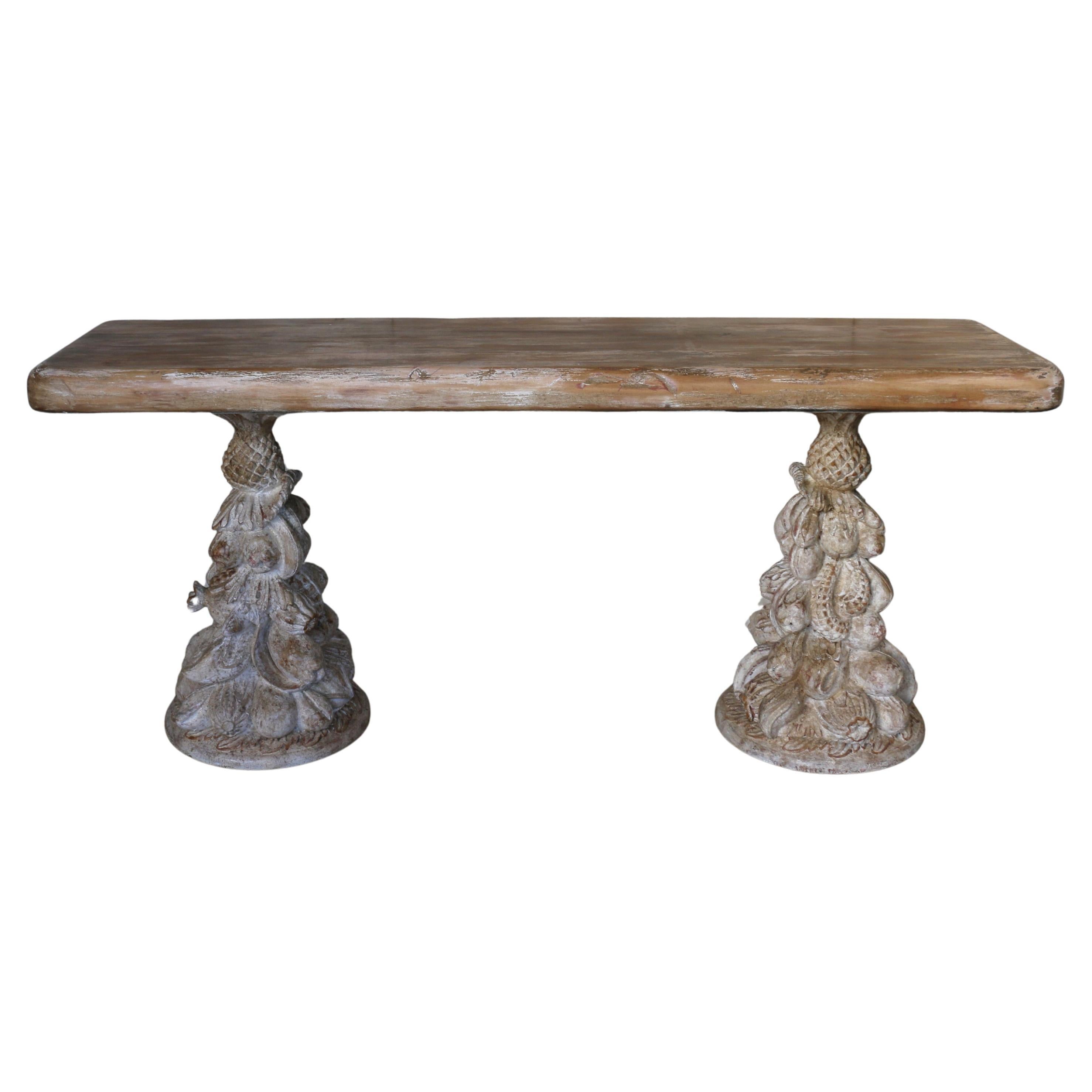 Vintage Carved Wood Console Table — Solid Wood Pedestal Base, Circa 1940s For Sale