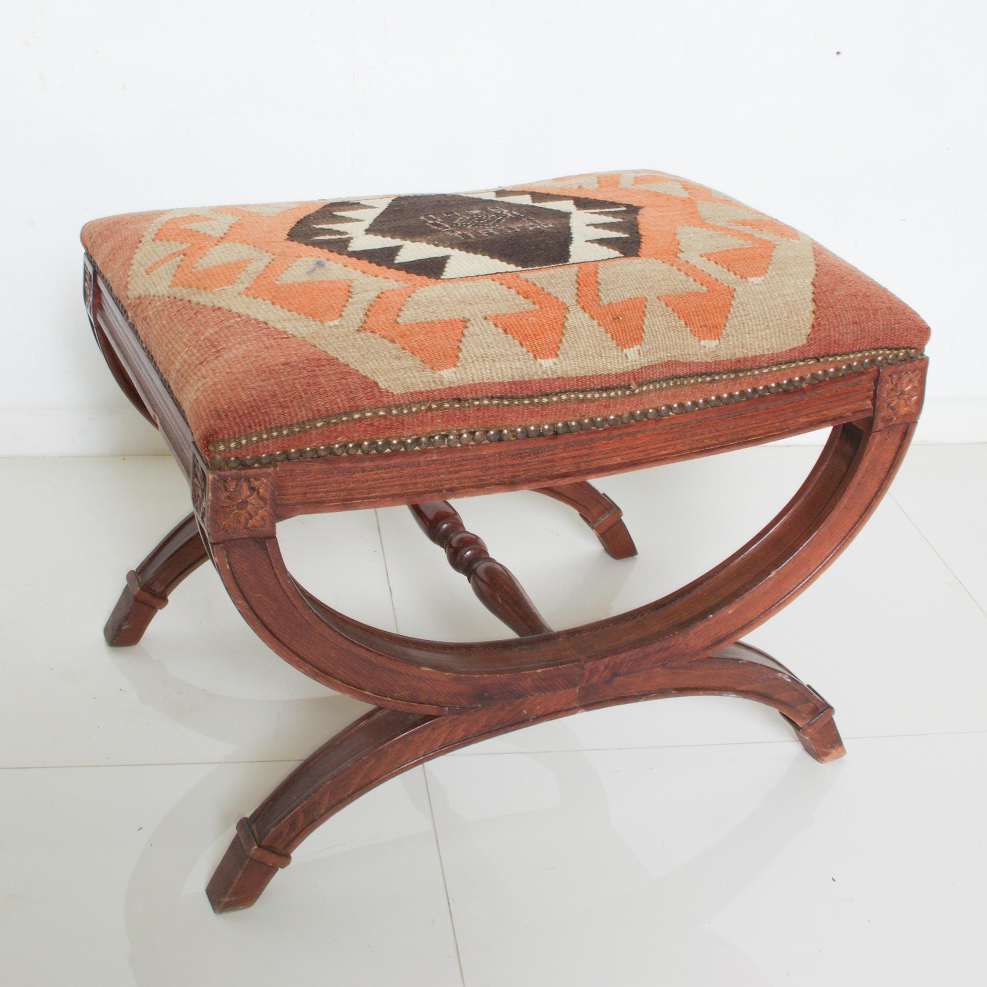 Unknown Vintage Kilim Curule Stool Carved Wood with Brass Nailhead Accent 1960s
