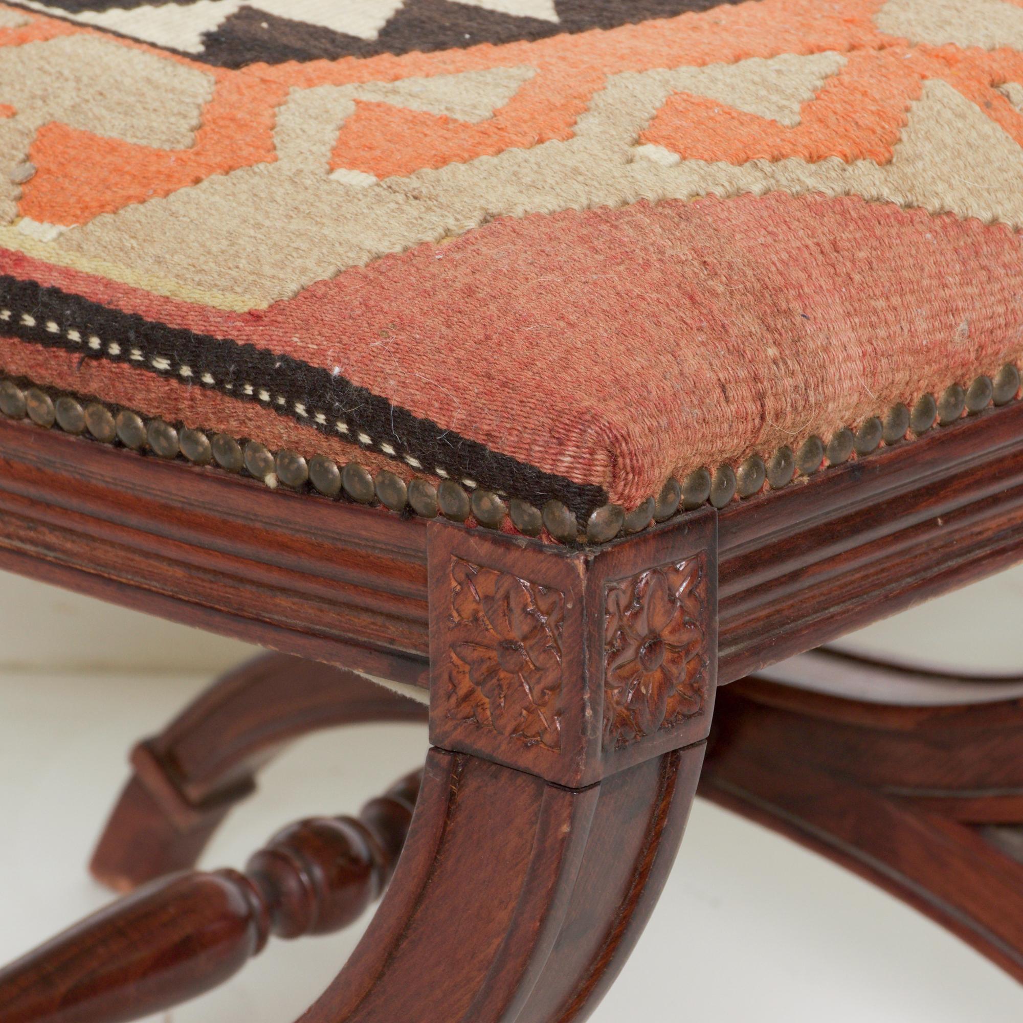Vintage Kilim Curule Stool Carved Wood with Brass Nailhead Accent 1960s In Good Condition In Chula Vista, CA