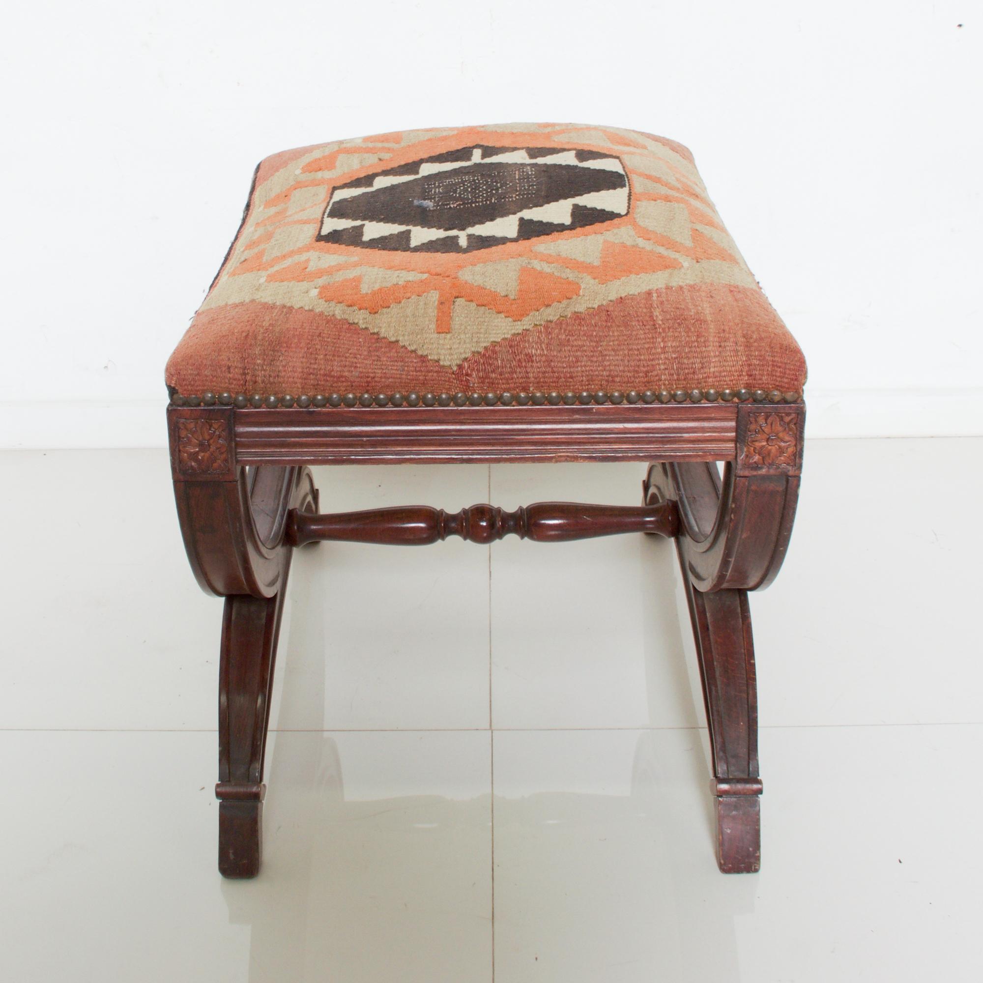 Vintage Kilim Curule Stool Carved Wood with Brass Nailhead Accent 1960s 1