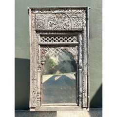 Vintage Carved Wood Distressed Arch Mirror