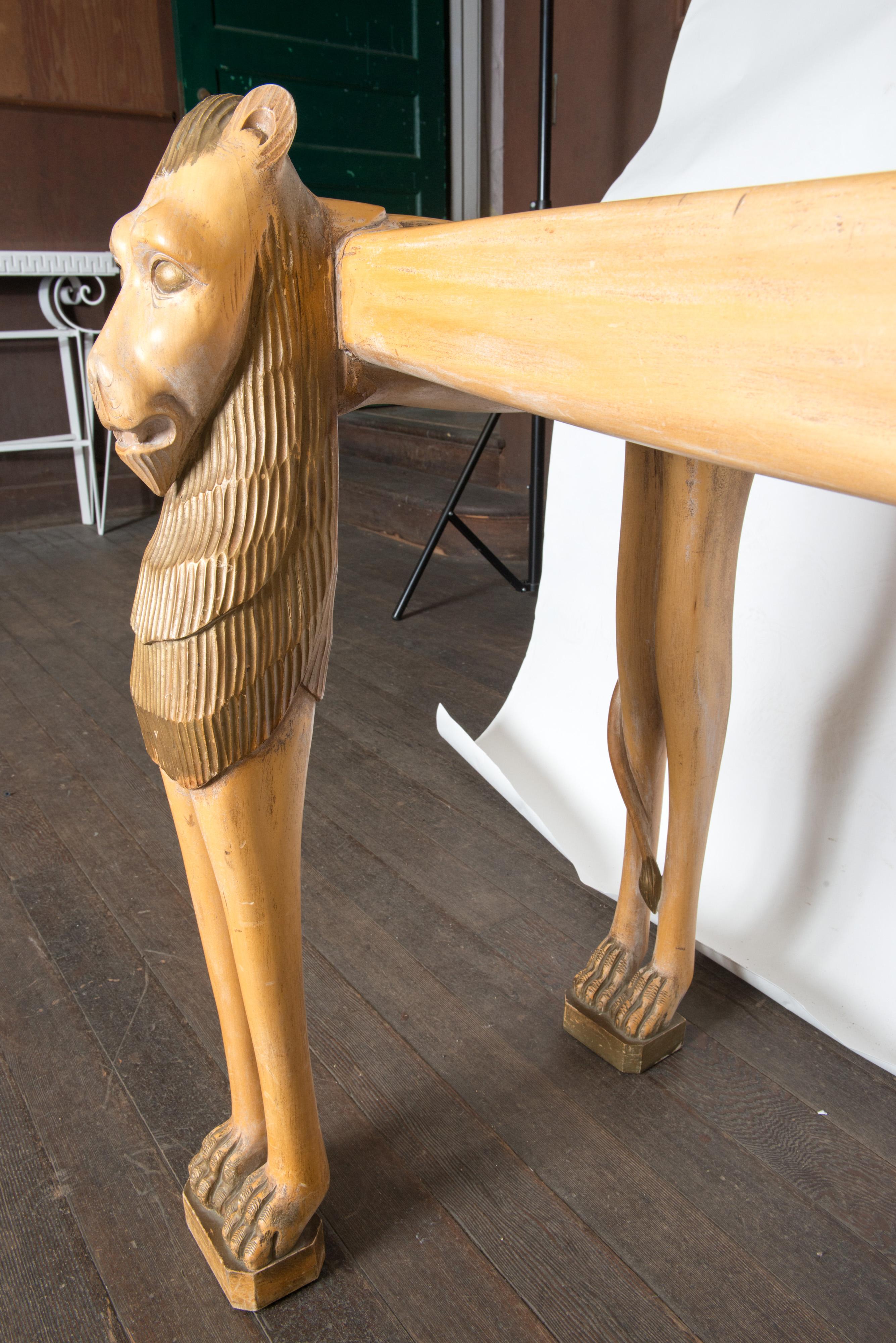 Vintage Carved Wood Egyptian Revival Lion Console Table For Sale 13