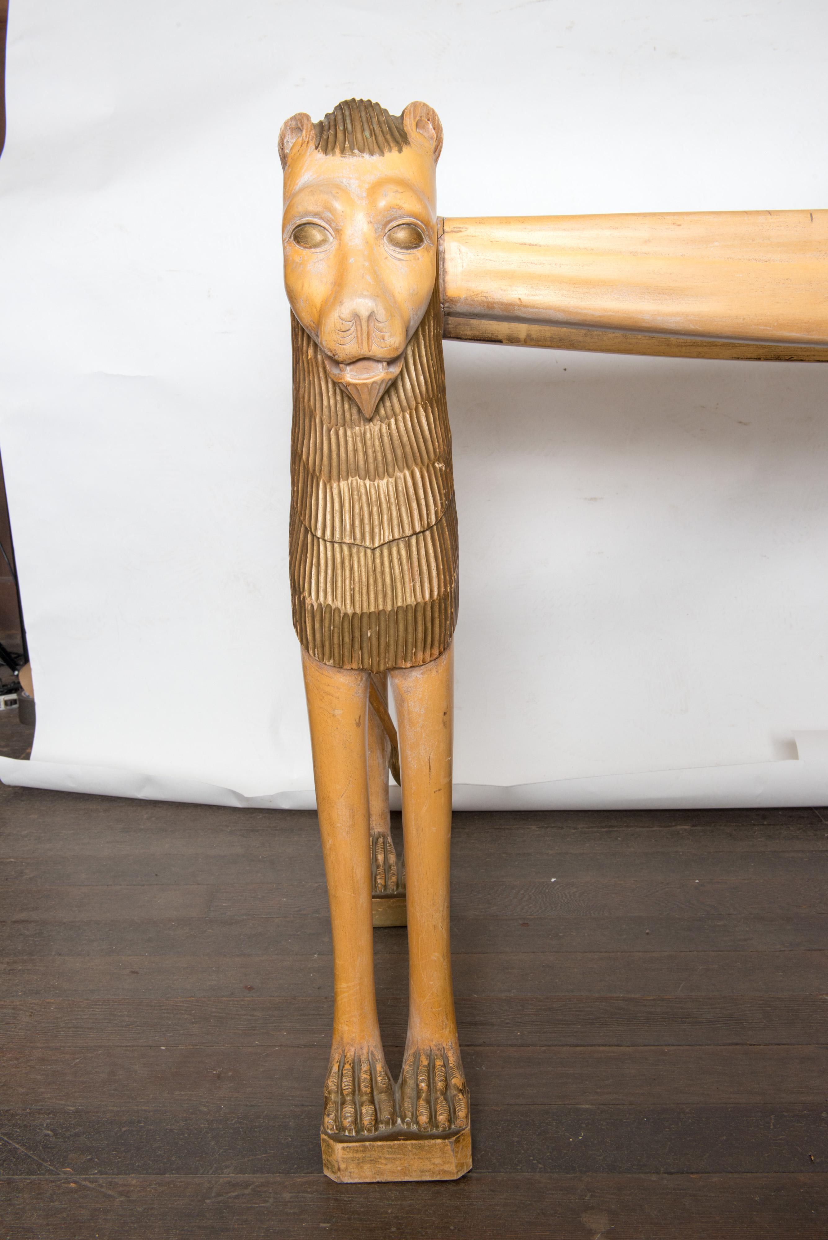 Vintage Carved Wood Egyptian Revival Lion Console Table In Good Condition For Sale In Stamford, CT