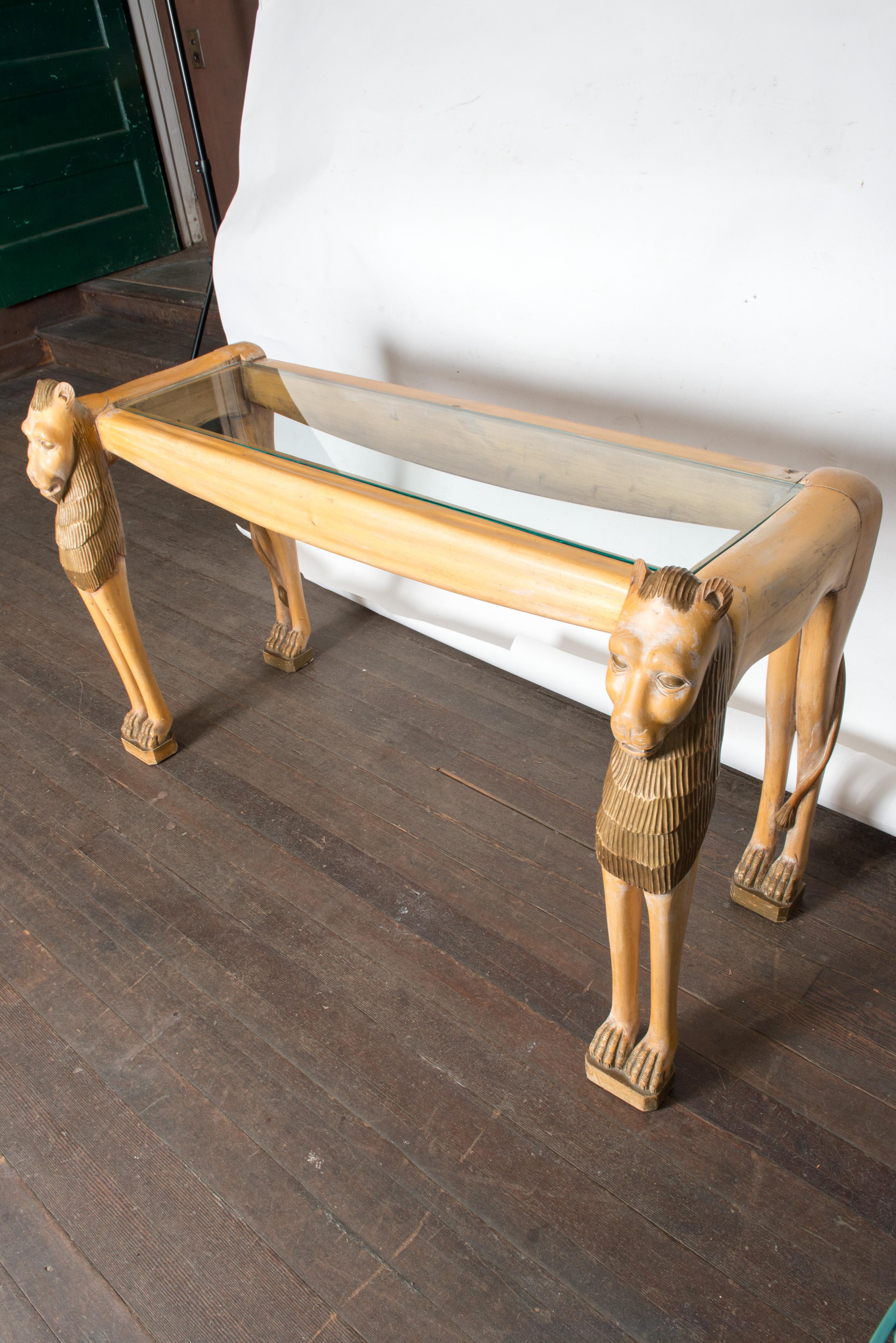 Vintage Carved Wood Egyptian Revival Lion Console Table For Sale 4