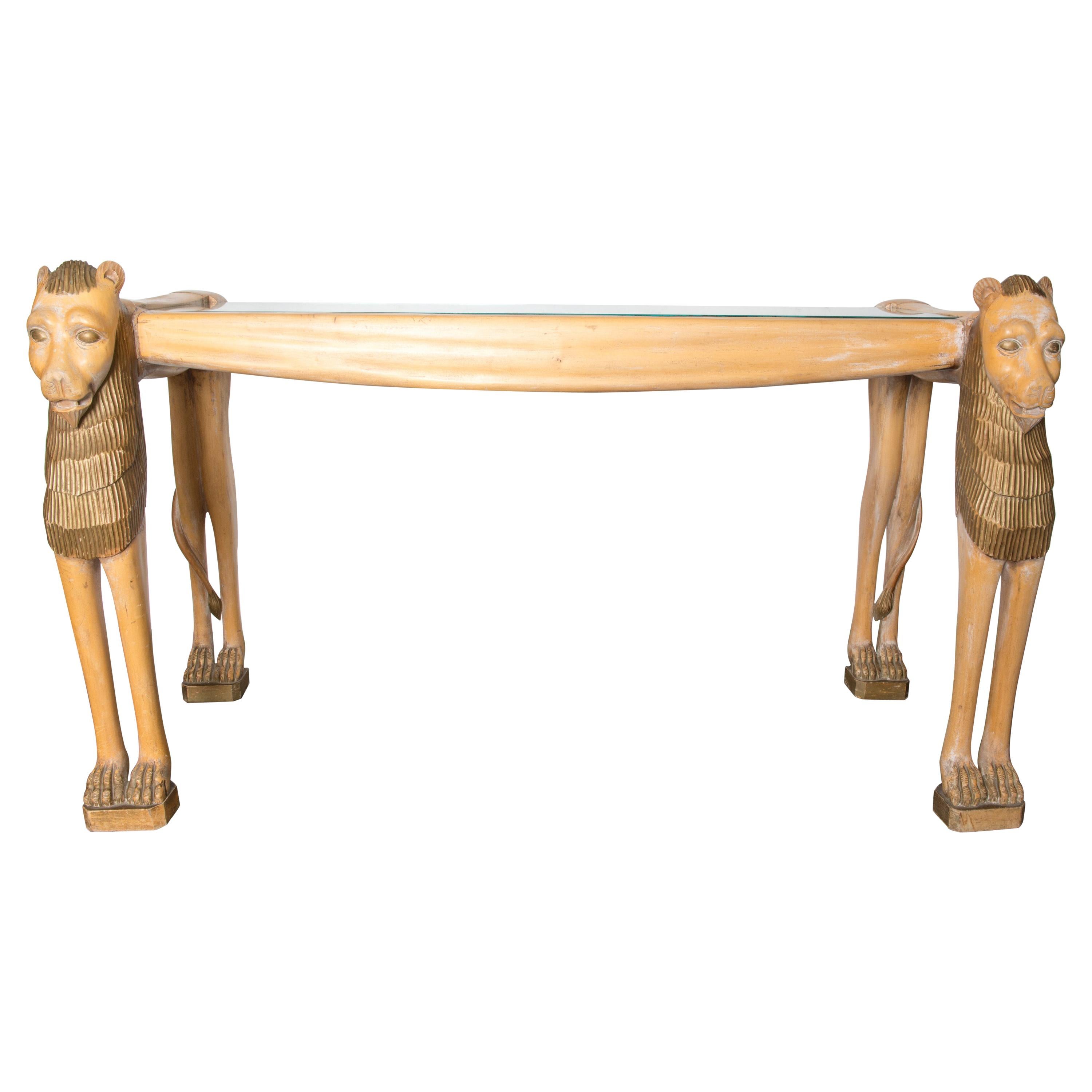 Vintage Carved Wood Egyptian Revival Lion Console Table