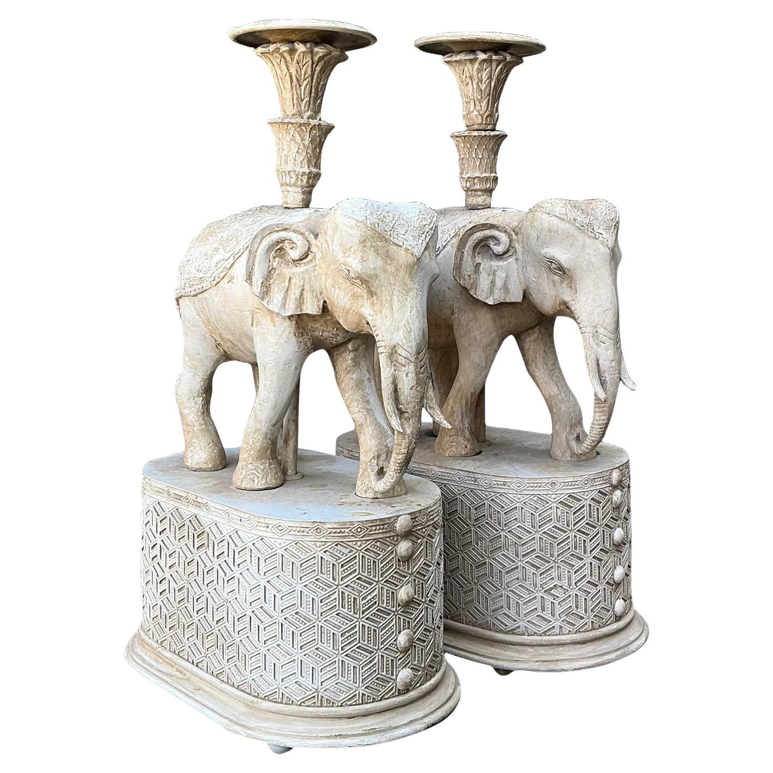 Vintage Carved Wood Elephant Candlesticks - A Pair