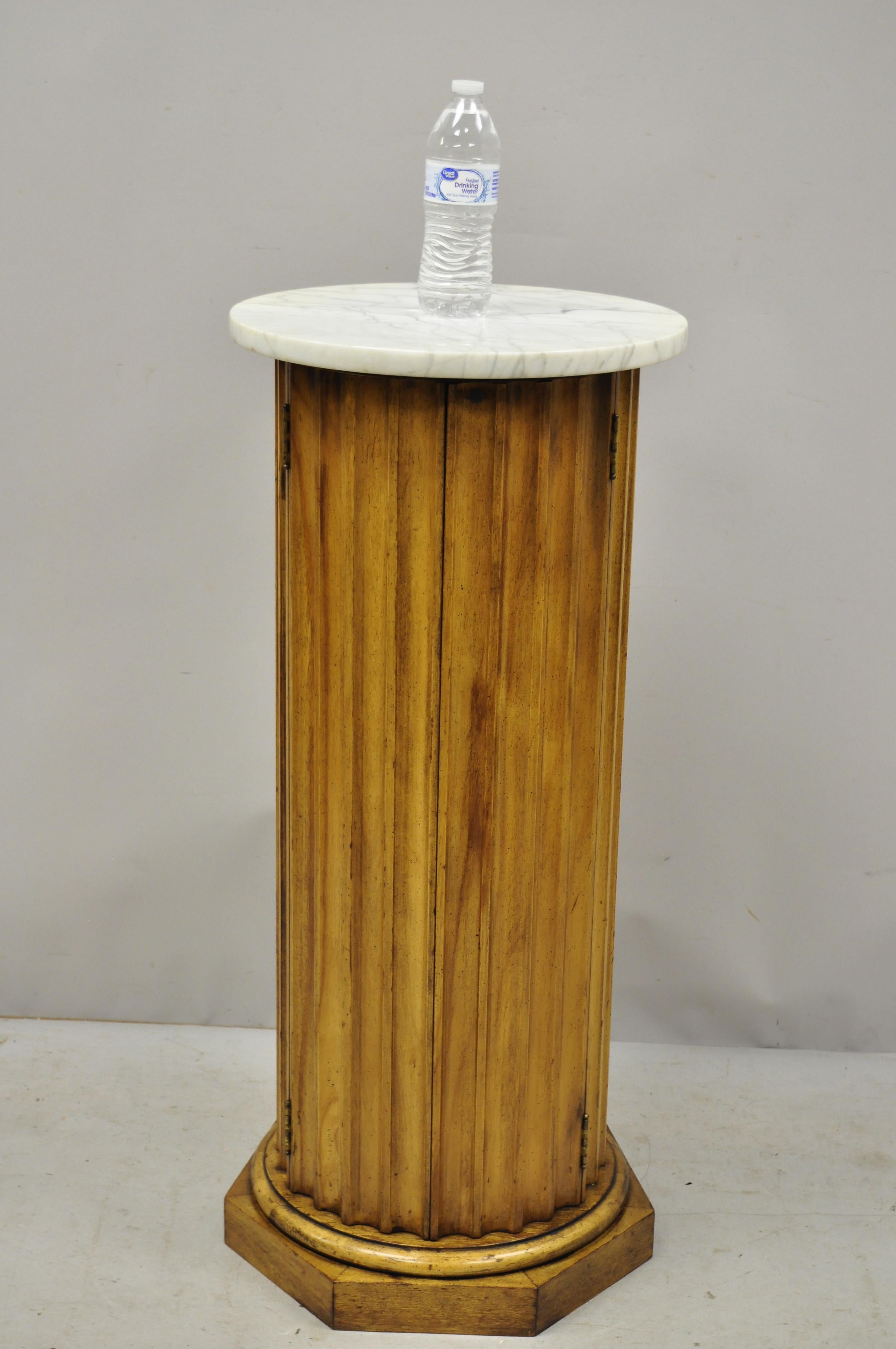Vintage Carved Wood Fluted Pedestal Plant Stand Cabinet with Round Marble Top 3